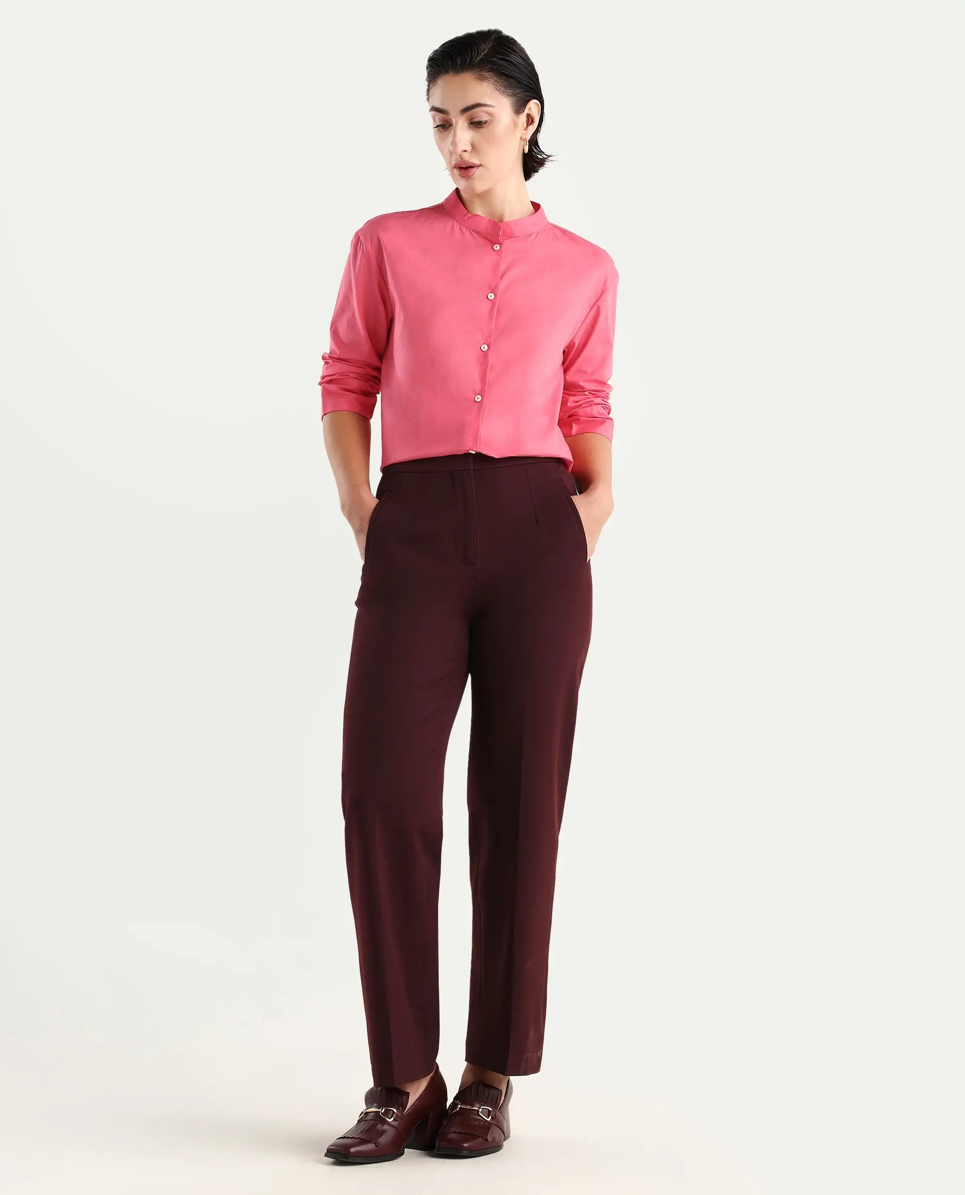Rareism Women's Aytac Light Pink Mandarin Collar Plain Cuffed Sleeve Regular Fit Top