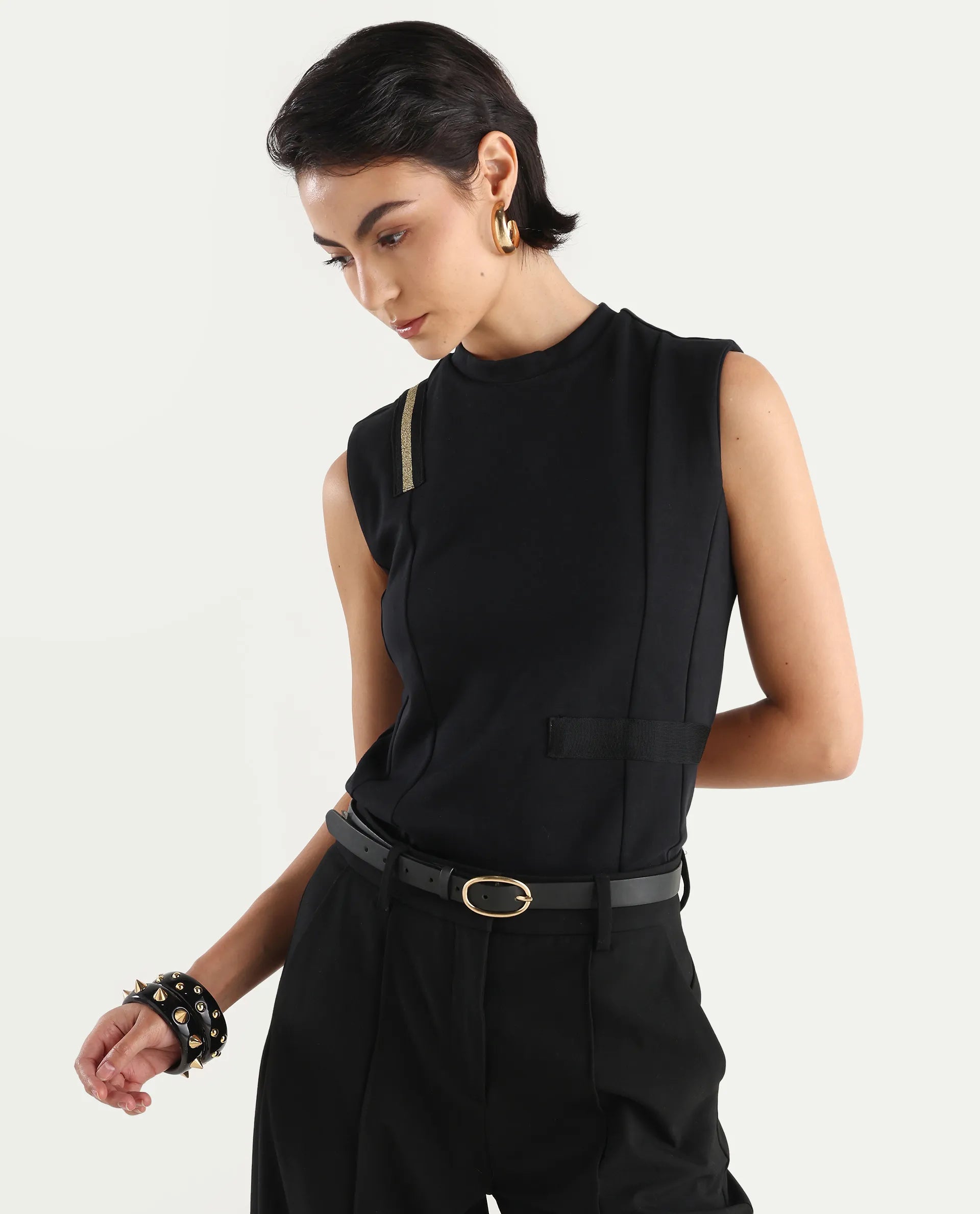 Rareism Women's Aytat Black Cotton High Neck Plain Sleeveless Slim Fit Top