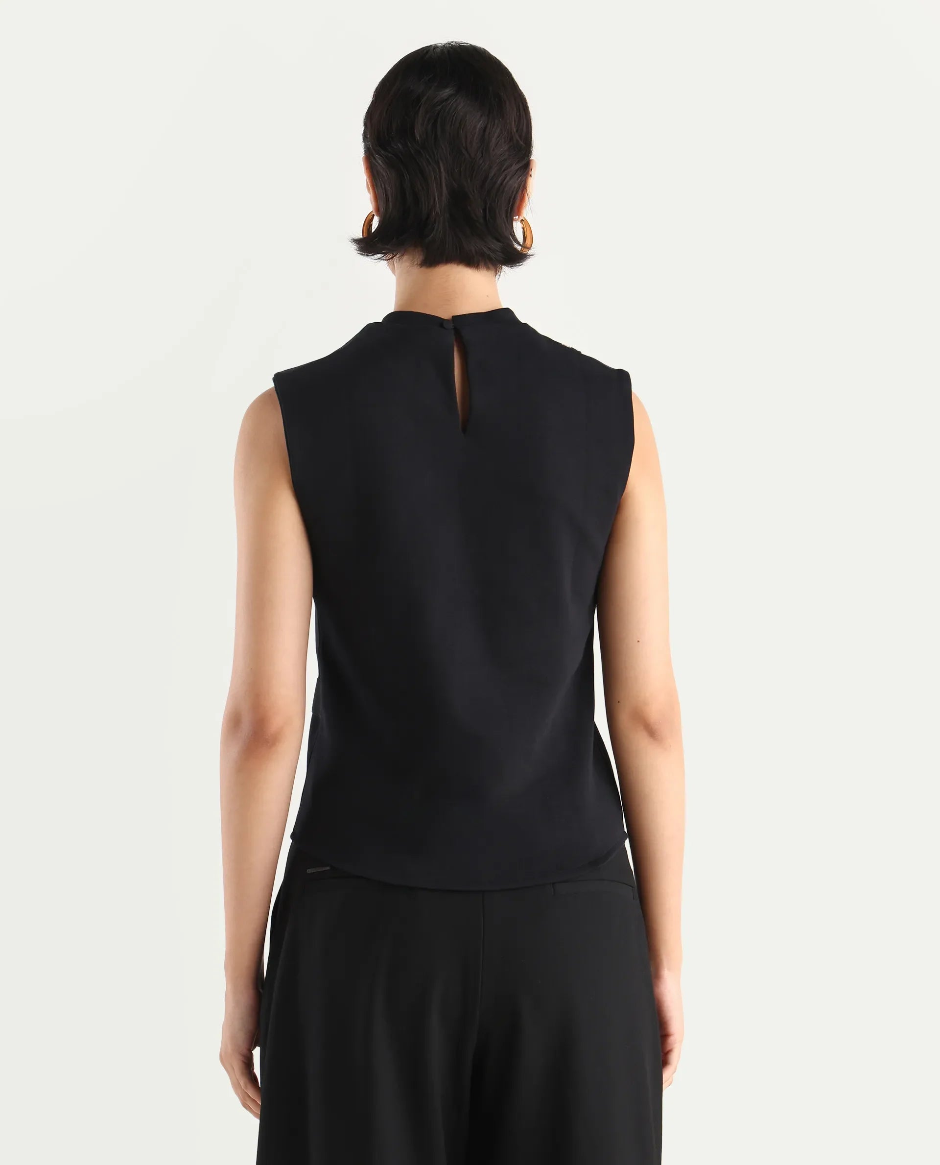 Rareism Women's Aytat Black Cotton High Neck Plain Sleeveless Slim Fit Top