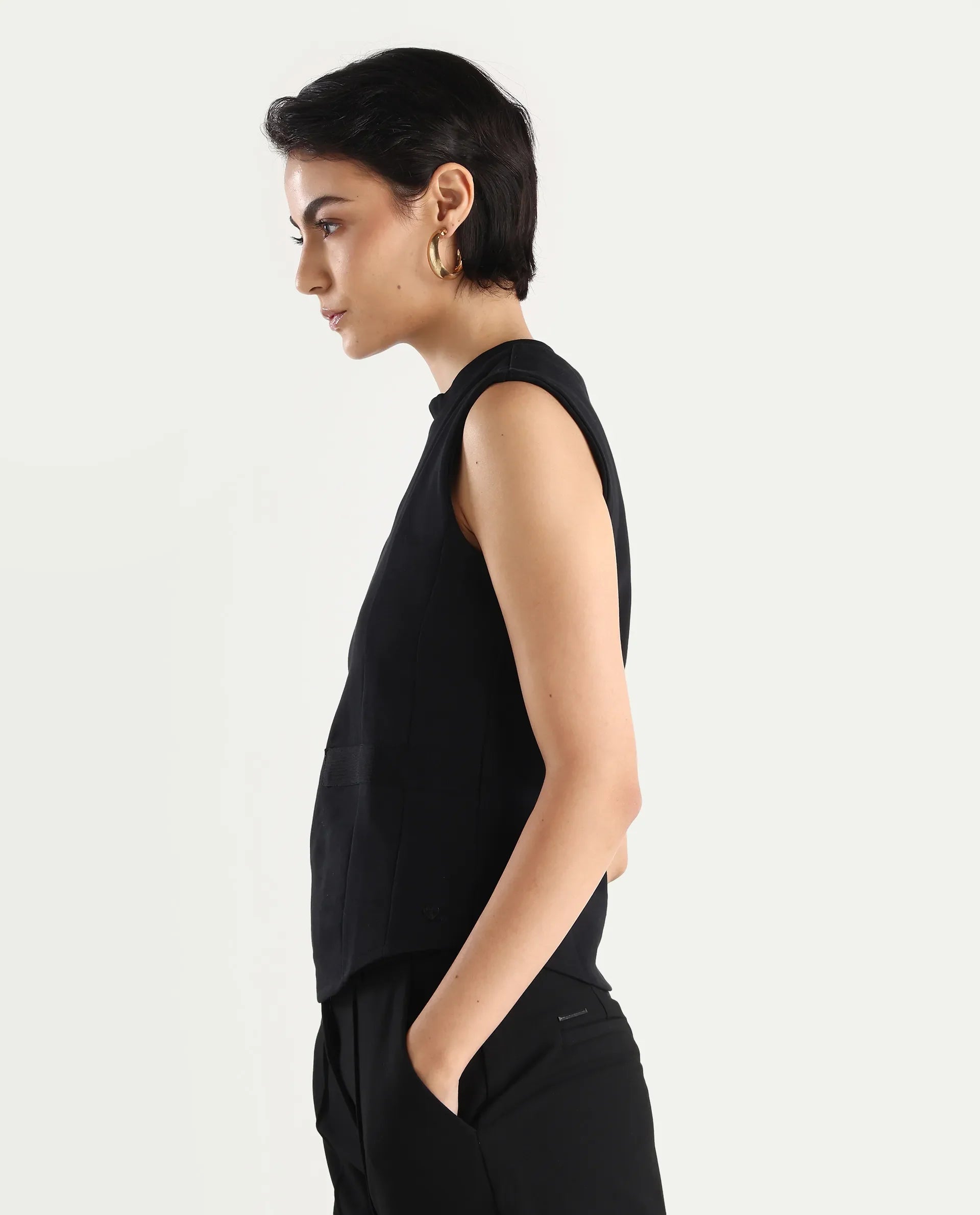 Rareism Women's Aytat Black Cotton High Neck Plain Sleeveless Slim Fit Top