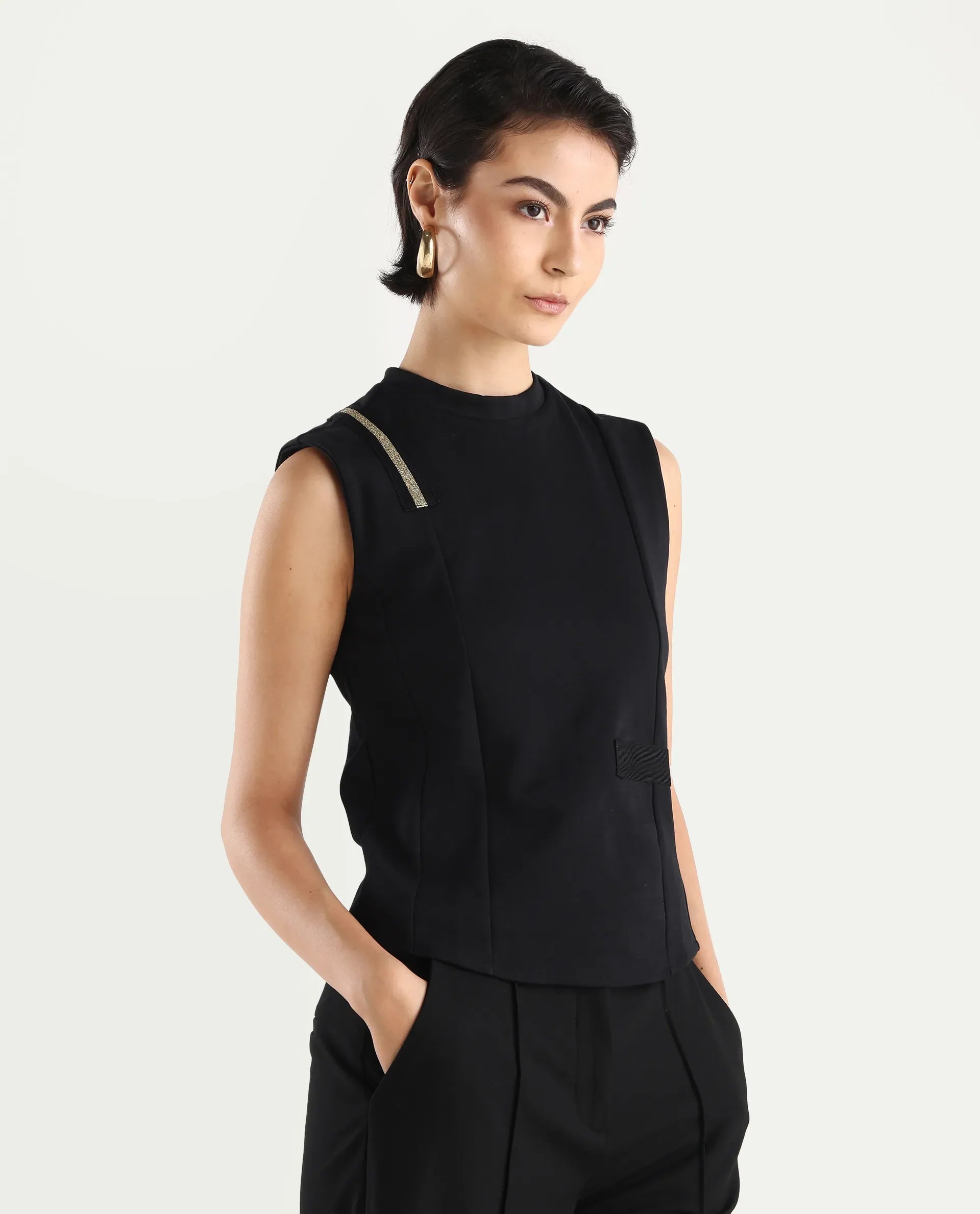 Rareism Women's Aytat Black Cotton High Neck Plain Sleeveless Slim Fit Top