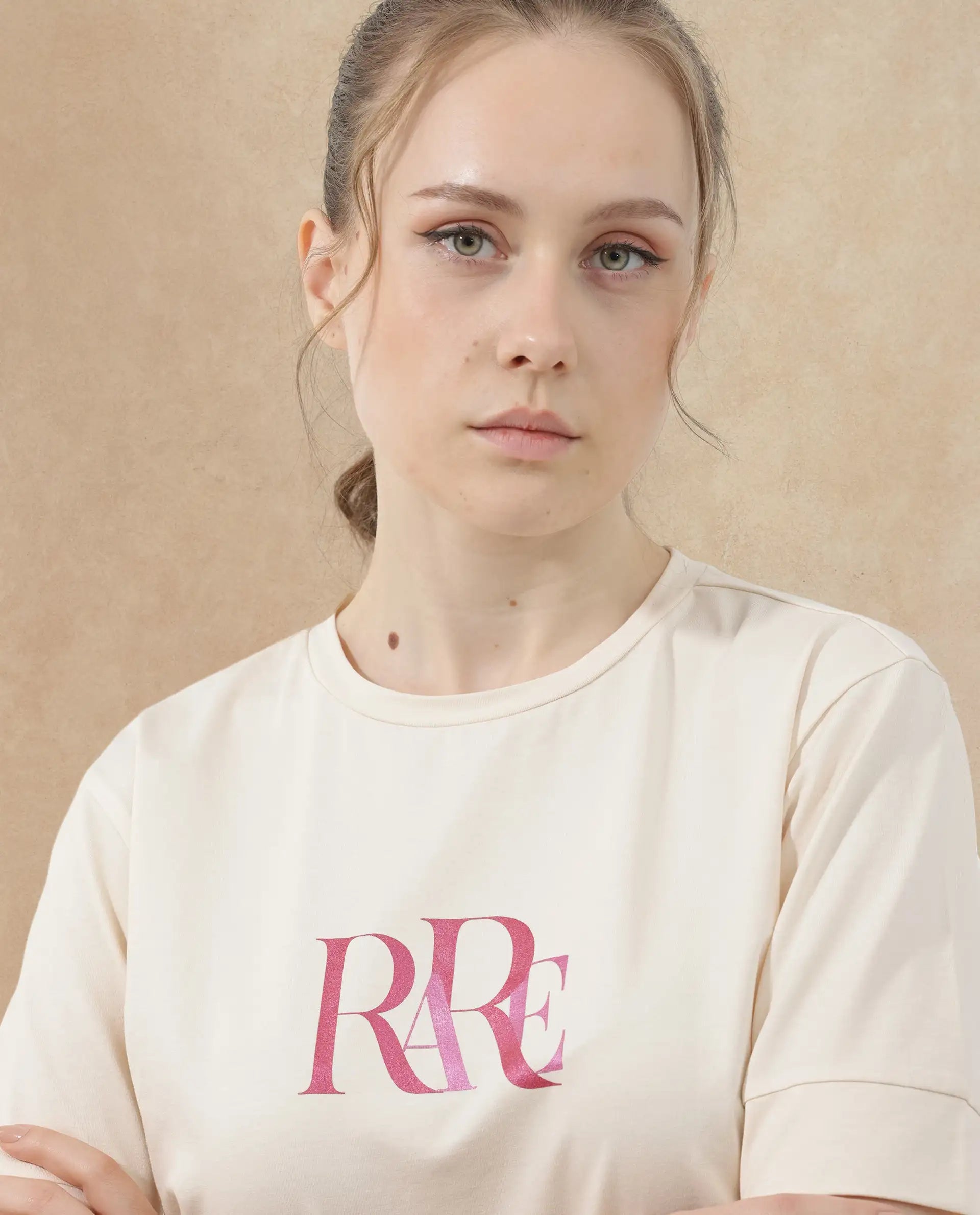 Rareism Women's Azel Light Beige Cotton Blend Crew Neck Graphic Print Regular Fit T-Shirt