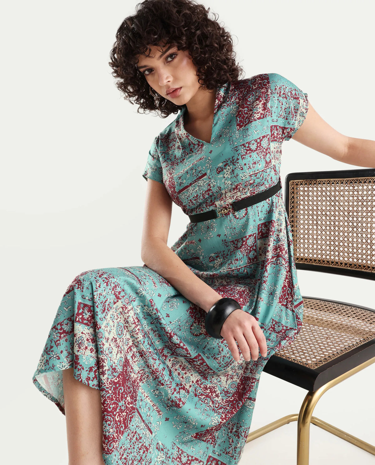 Rareism Women's Azerb Light Multi Satin V-Neck Bandana Print Extended Sleeves Midi A-Line Dress