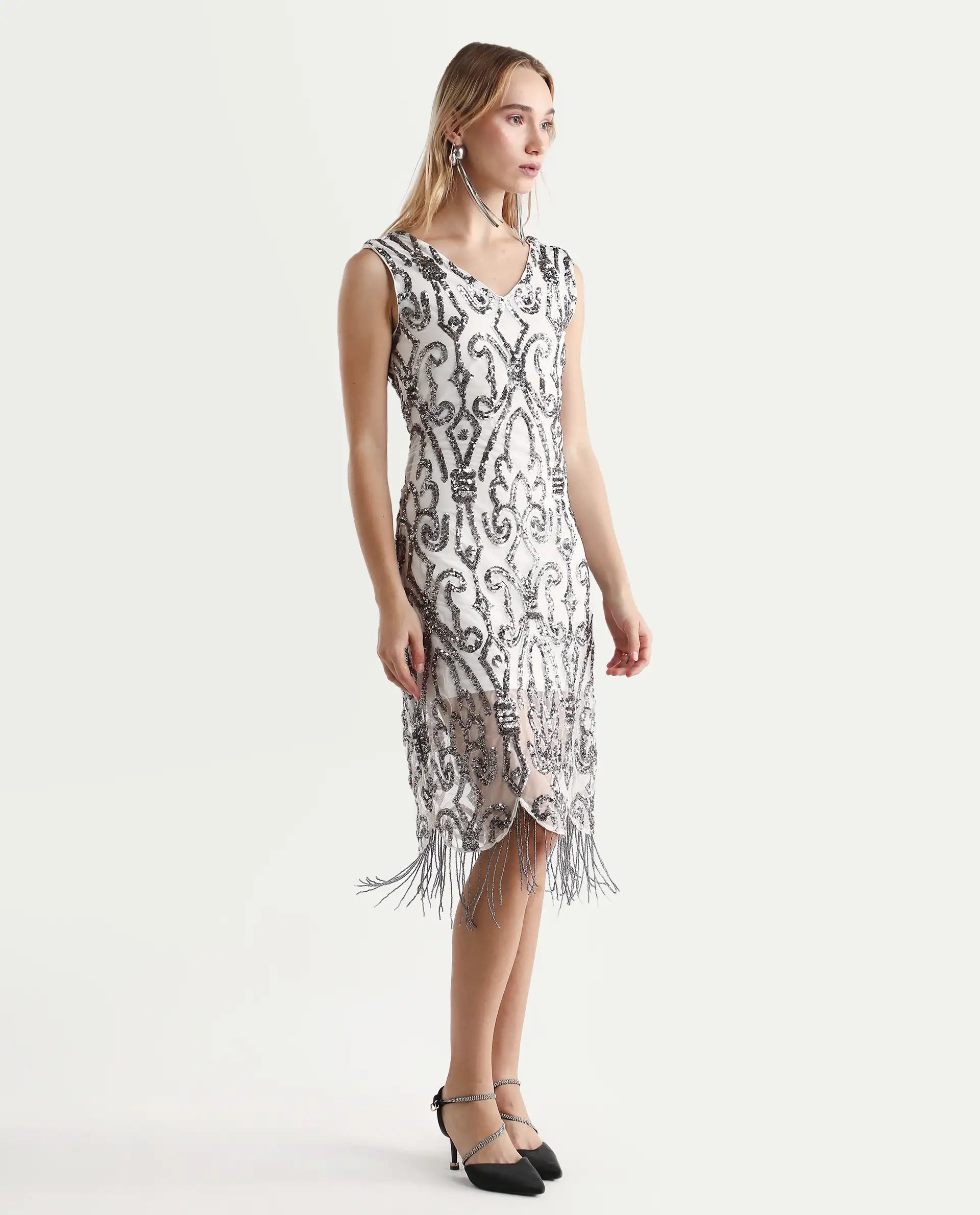 Rareism Women's Aztex Metallic Grey V-Neck Plain Shoulder Strap Mini Bodycon Dress