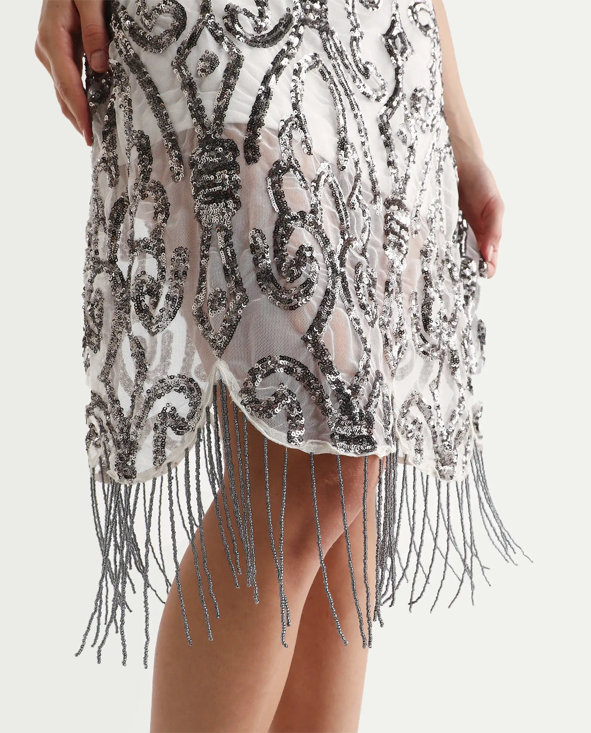 Rareism Women's Aztex Metallic Grey V-Neck Plain Shoulder Strap Mini Bodycon Dress