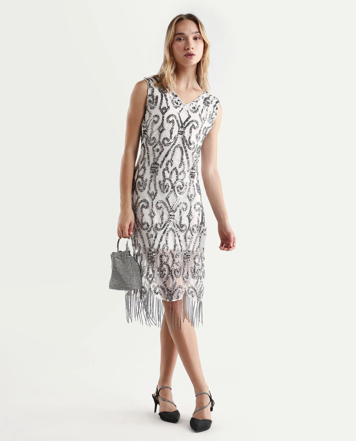 Rareism Women's Aztex Metallic Grey V-Neck Plain Shoulder Strap Mini Bodycon Dress