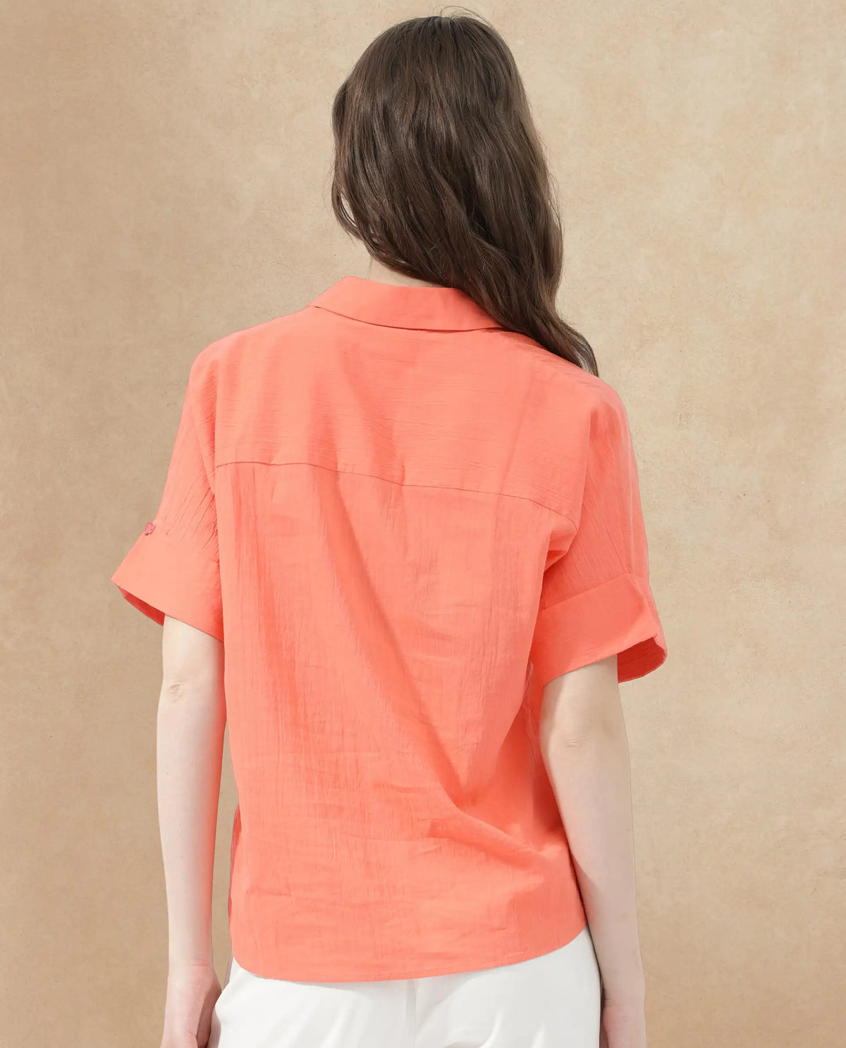 Rareism Women's Azzure Orange Cotton Drop Collar Plain Extended Sleeves Boxy Fit Top