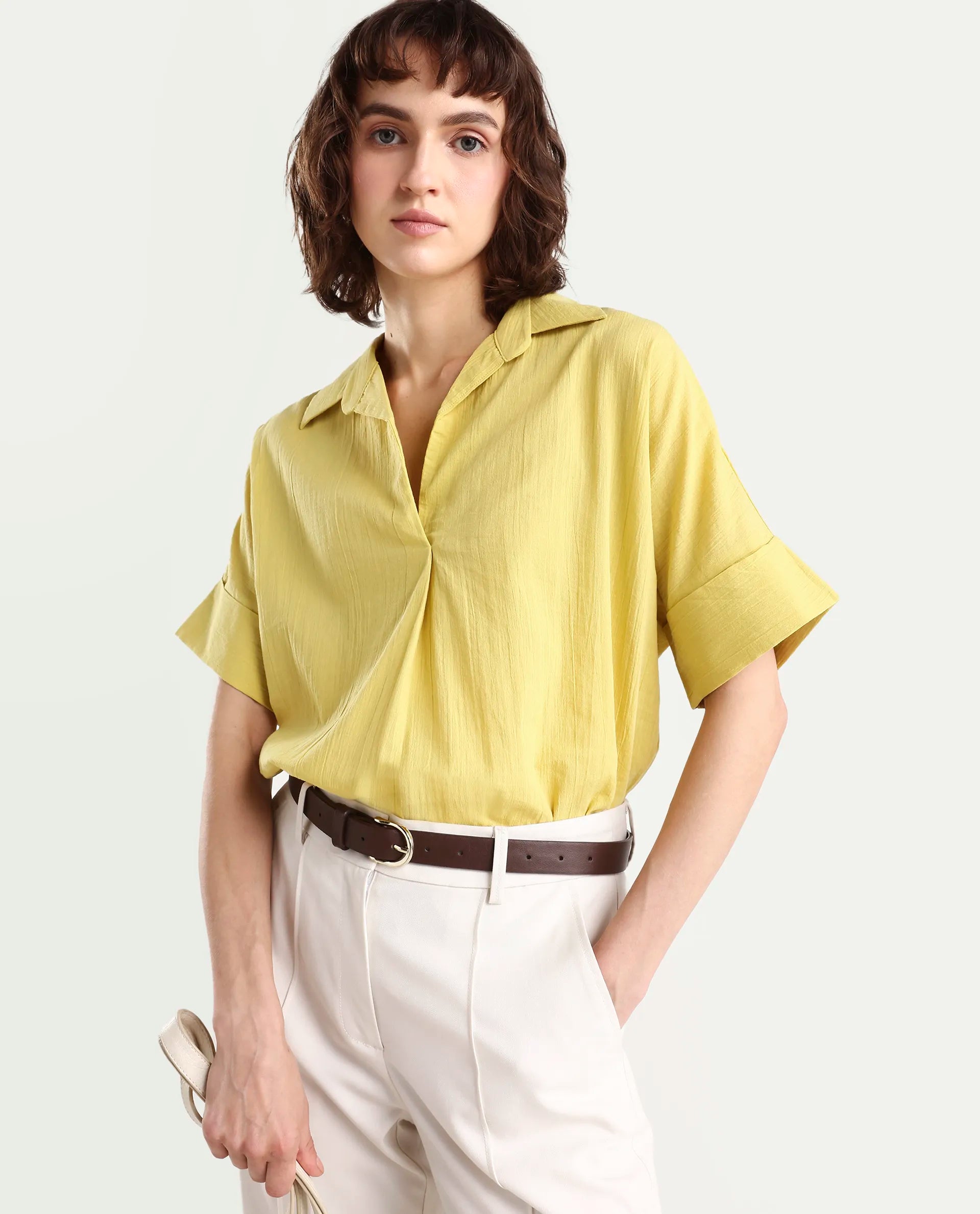 Rareism Women's Azzure Light Green Cotton Half Sleeve Jonny Collar Boxy Fit plain Top