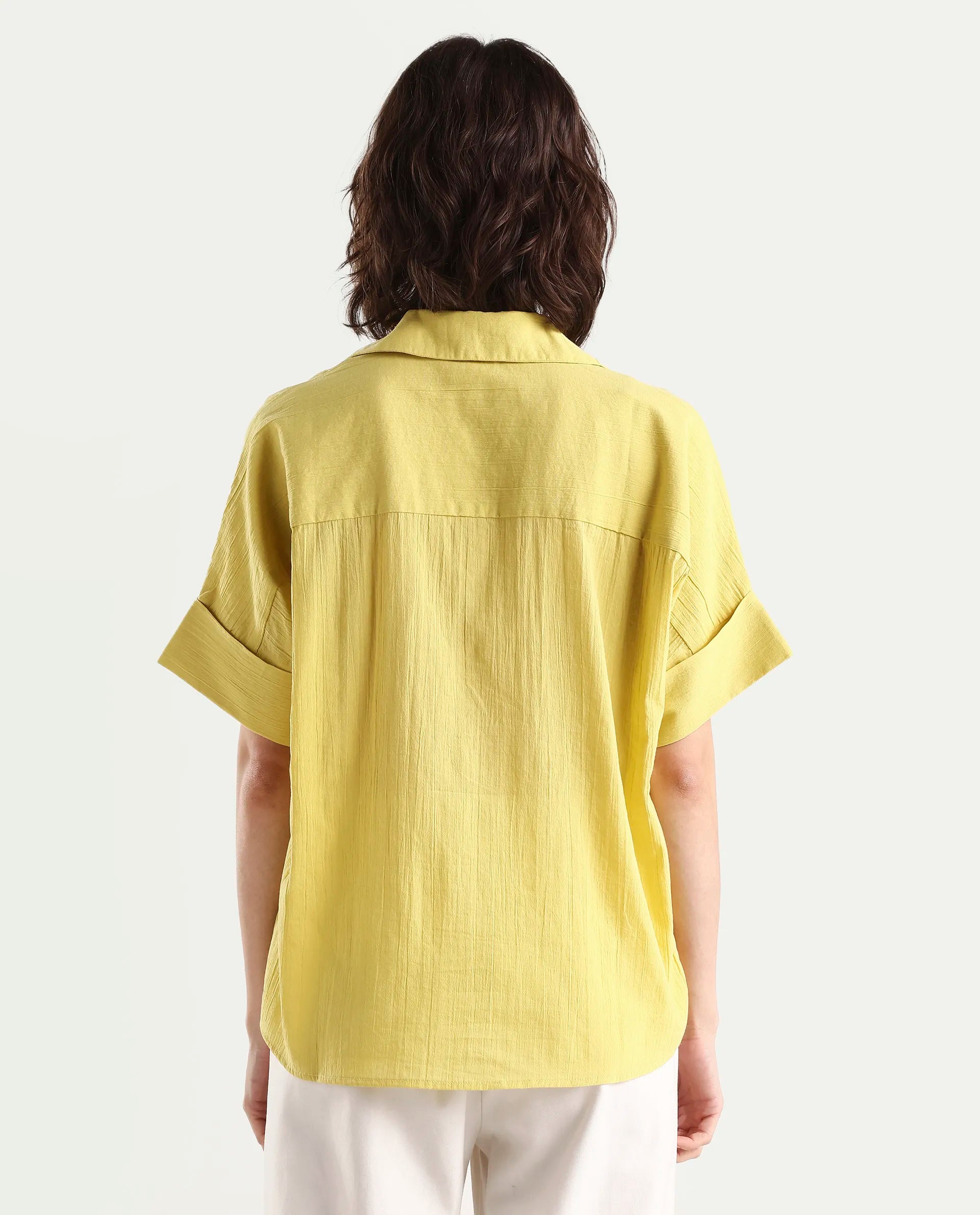 Rareism Women's Azzure Light Green Cotton Half Sleeve Jonny Collar Boxy Fit plain Top