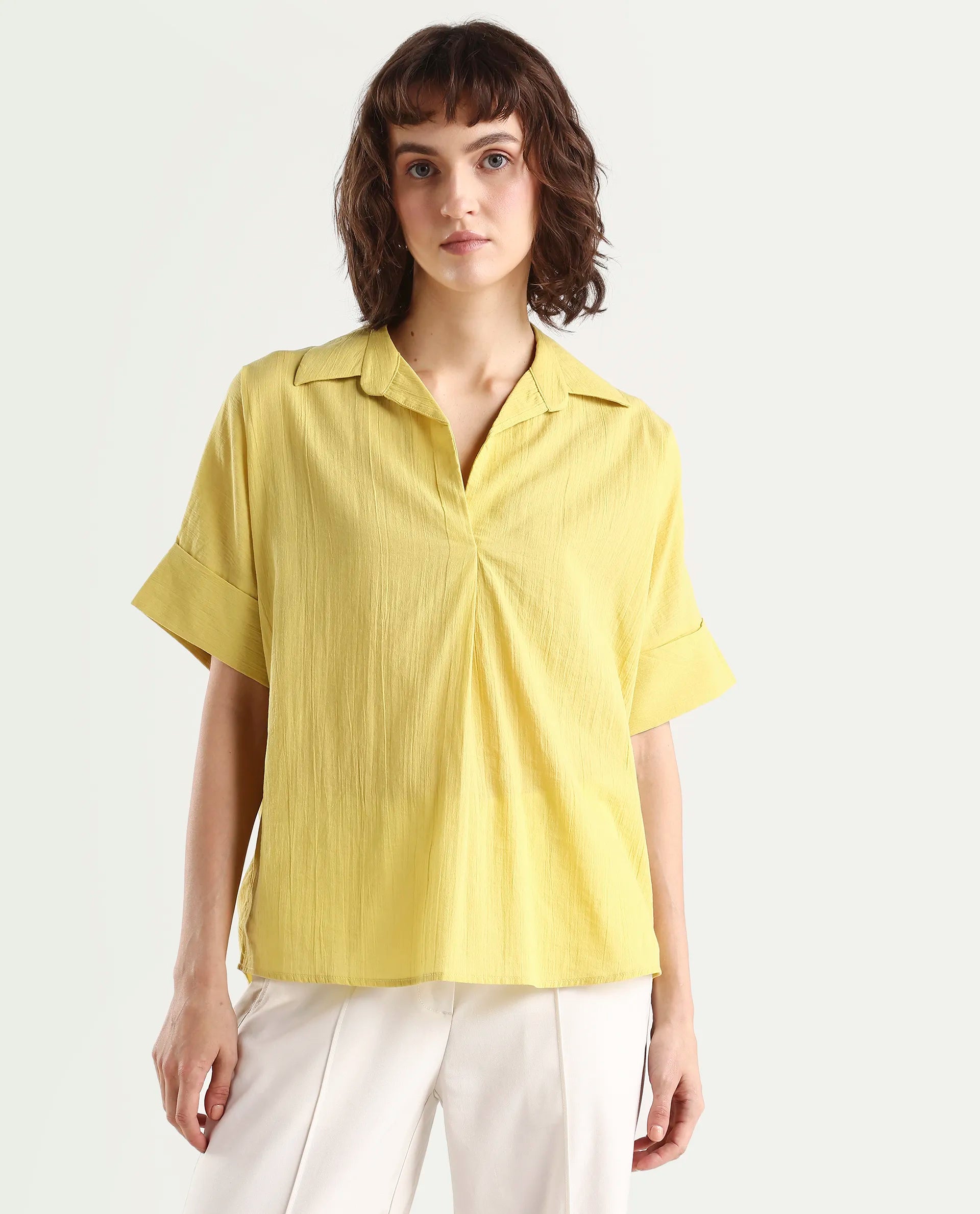 Rareism Women's Azzure Light Green Cotton Half Sleeve Jonny Collar Boxy Fit plain Top