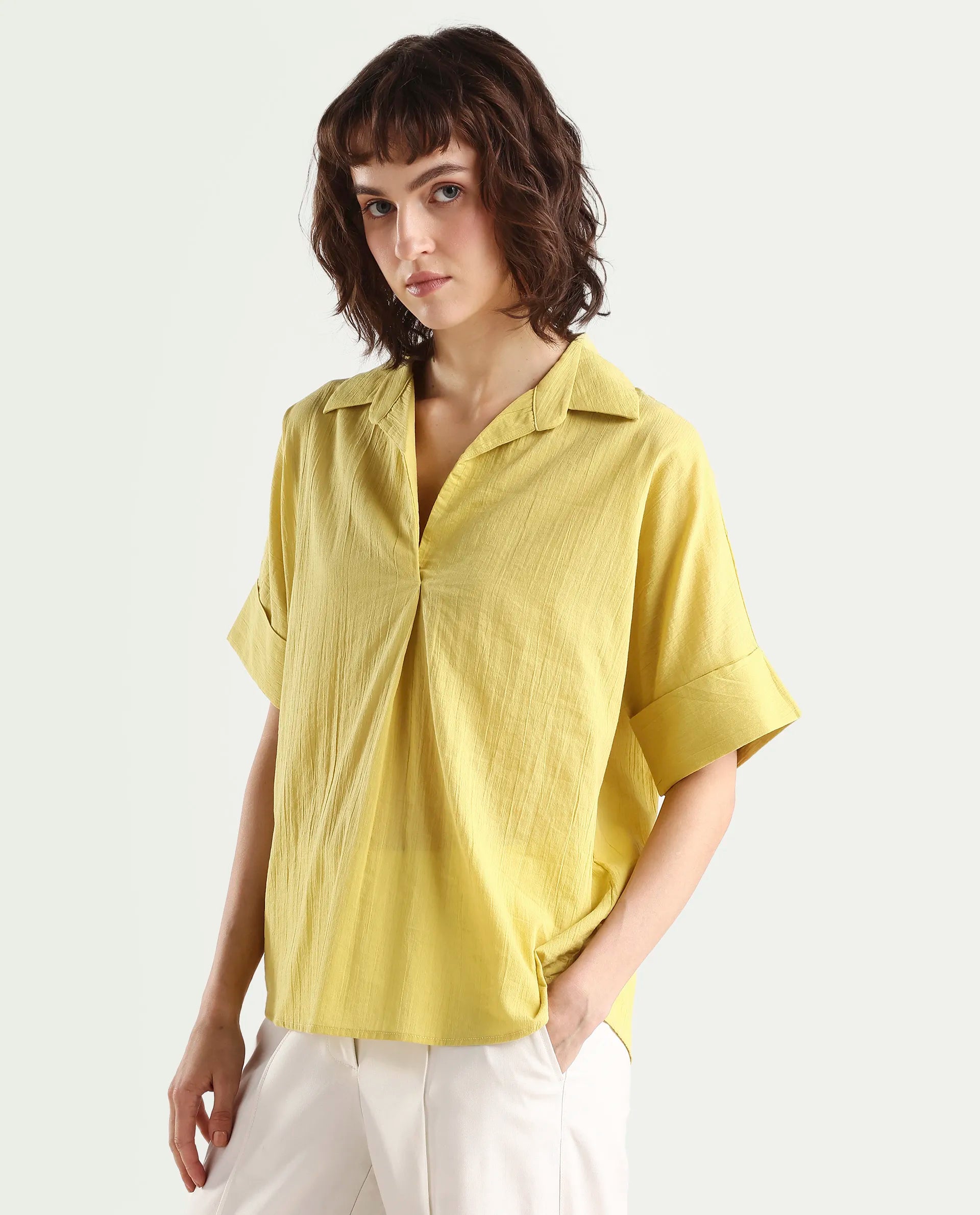 Rareism Women's Azzure Light Green Cotton Half Sleeve Jonny Collar Boxy Fit plain Top
