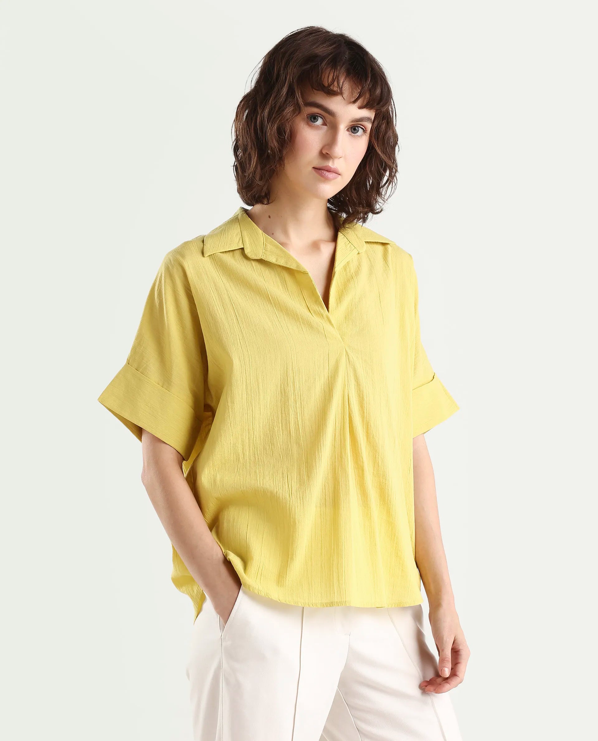 Rareism Women's Azzure Light Green Cotton Half Sleeve Jonny Collar Boxy Fit plain Top