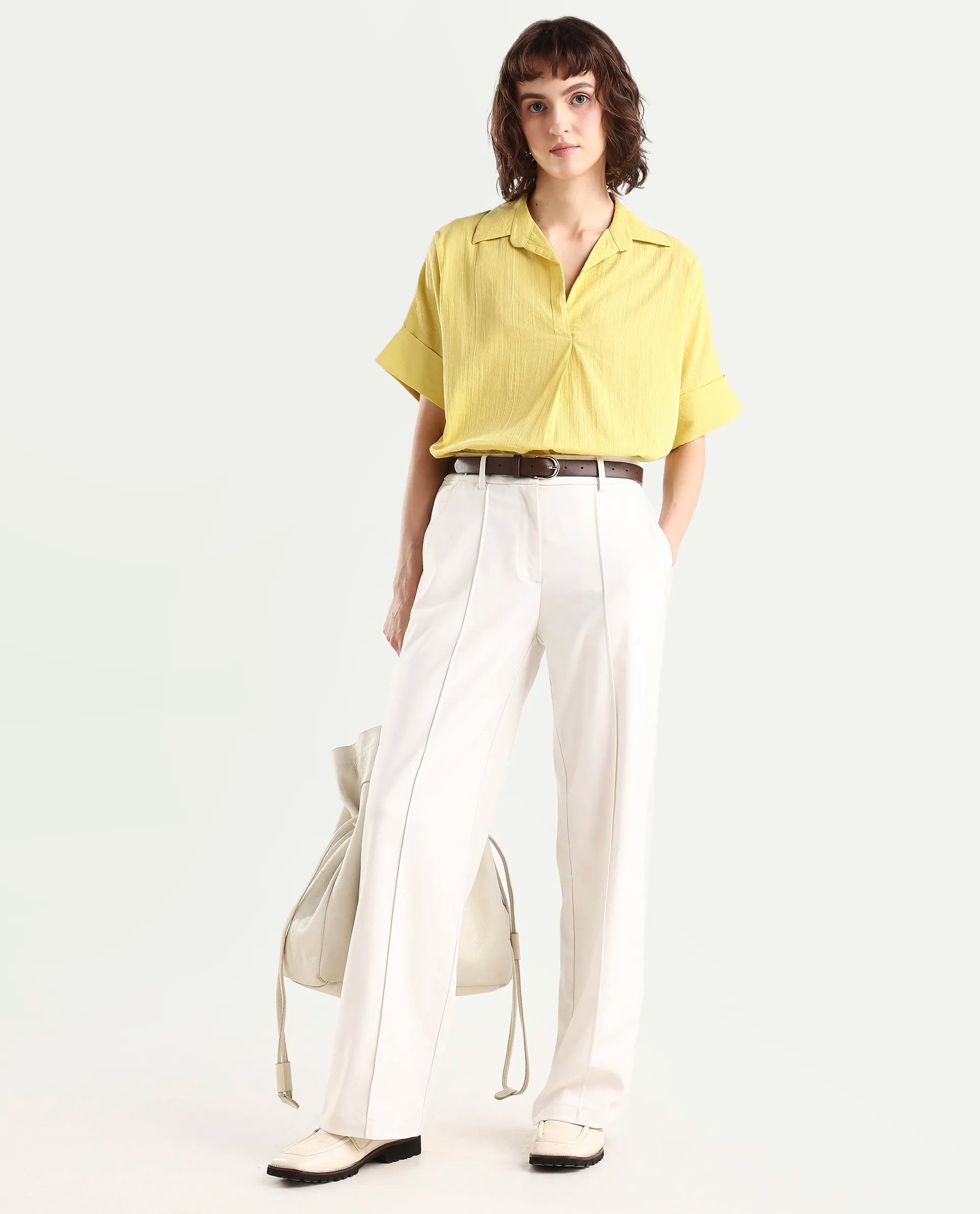 Rareism Women's Azzure Light Green Cotton Half Sleeve Jonny Collar Boxy Fit plain Top