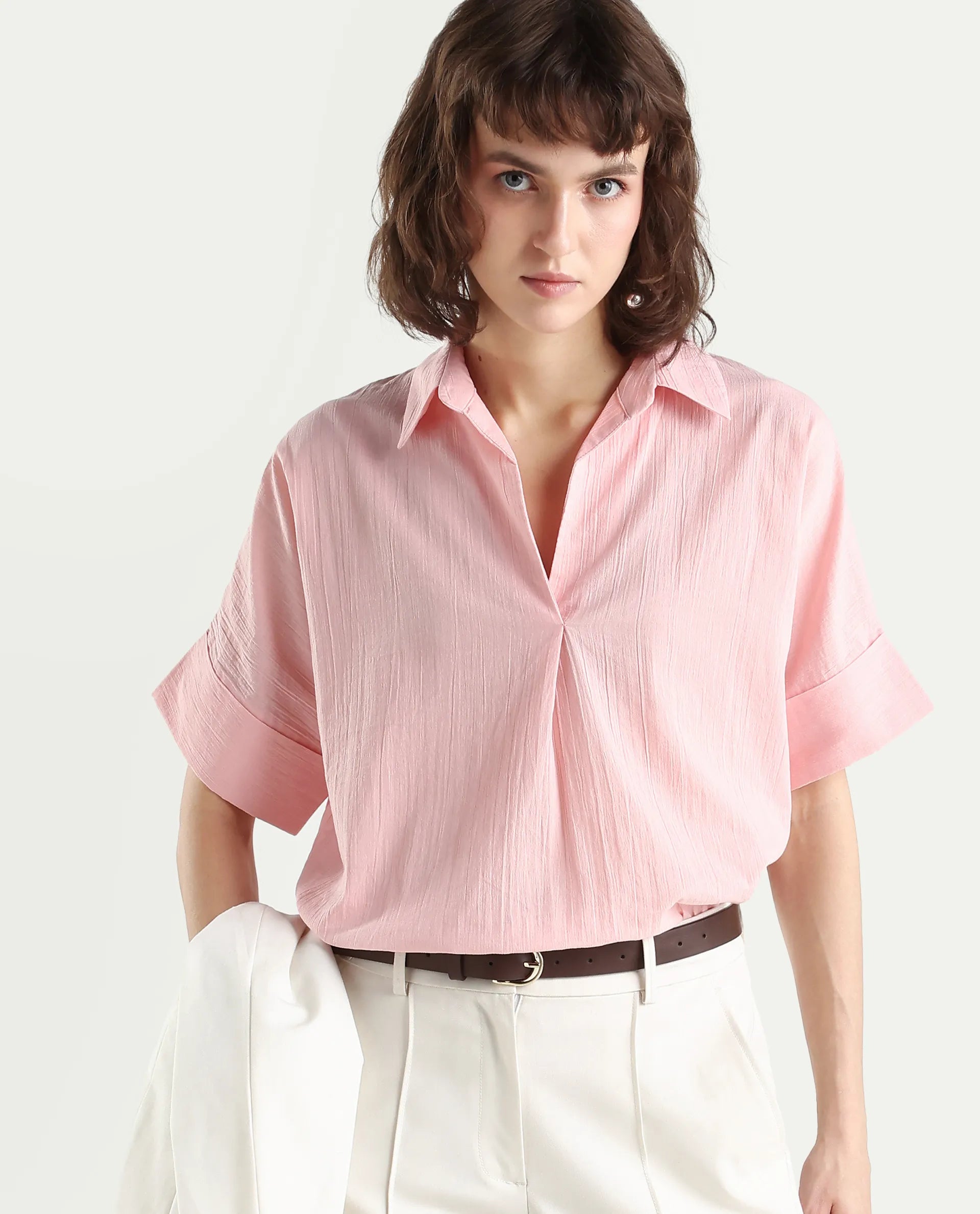 Rareism Women's Azzure Light Pink Cotton Half Sleeve Jonny Collar Boxy Fit plain Top