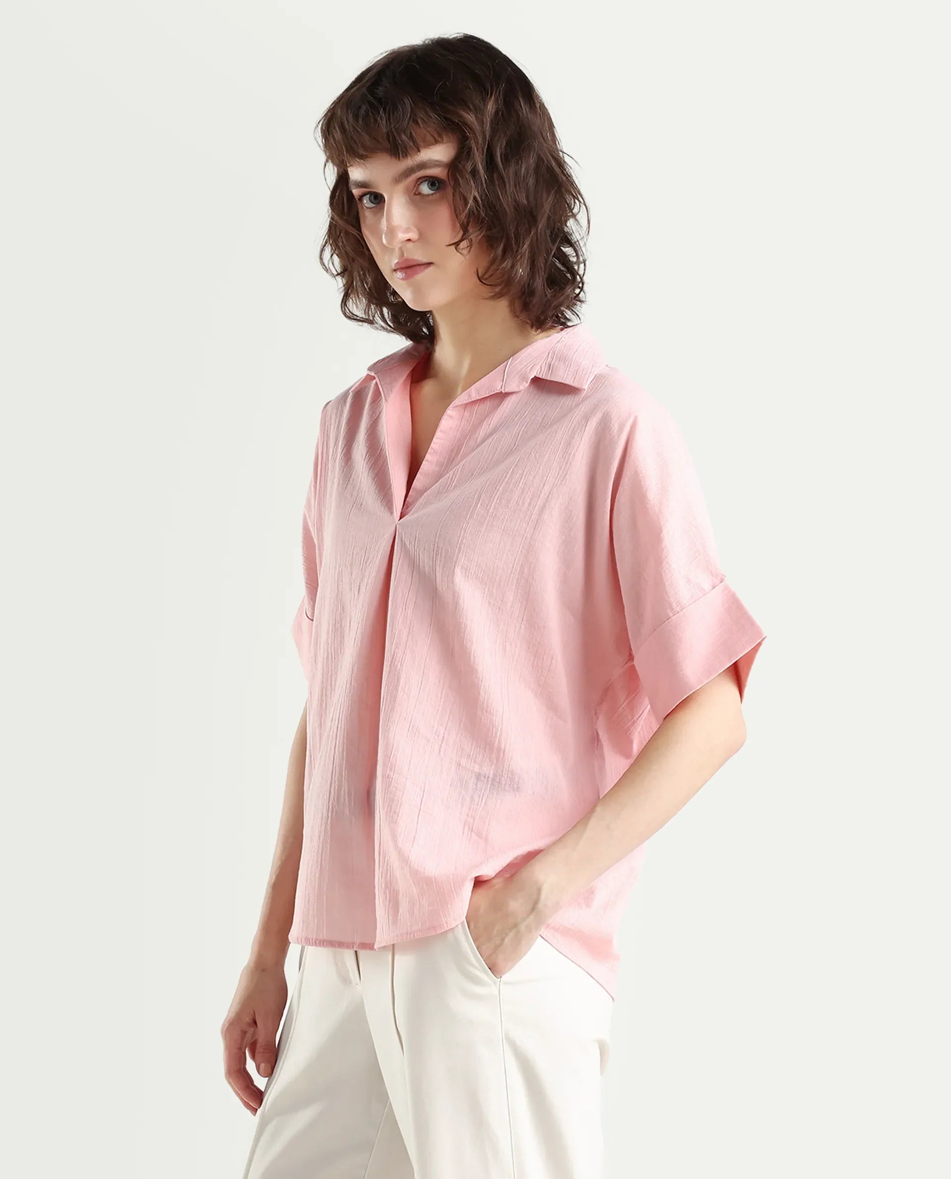 Rareism Women's Azzure Light Pink Cotton Half Sleeve Jonny Collar Boxy Fit plain Top