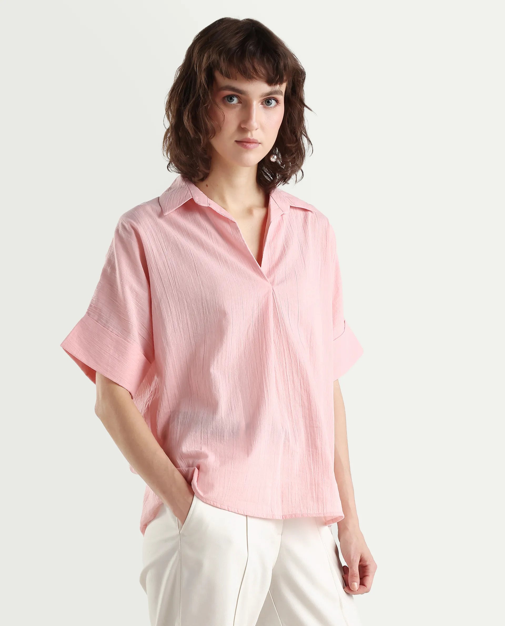 Rareism Women's Azzure Light Pink Cotton Half Sleeve Jonny Collar Boxy Fit plain Top