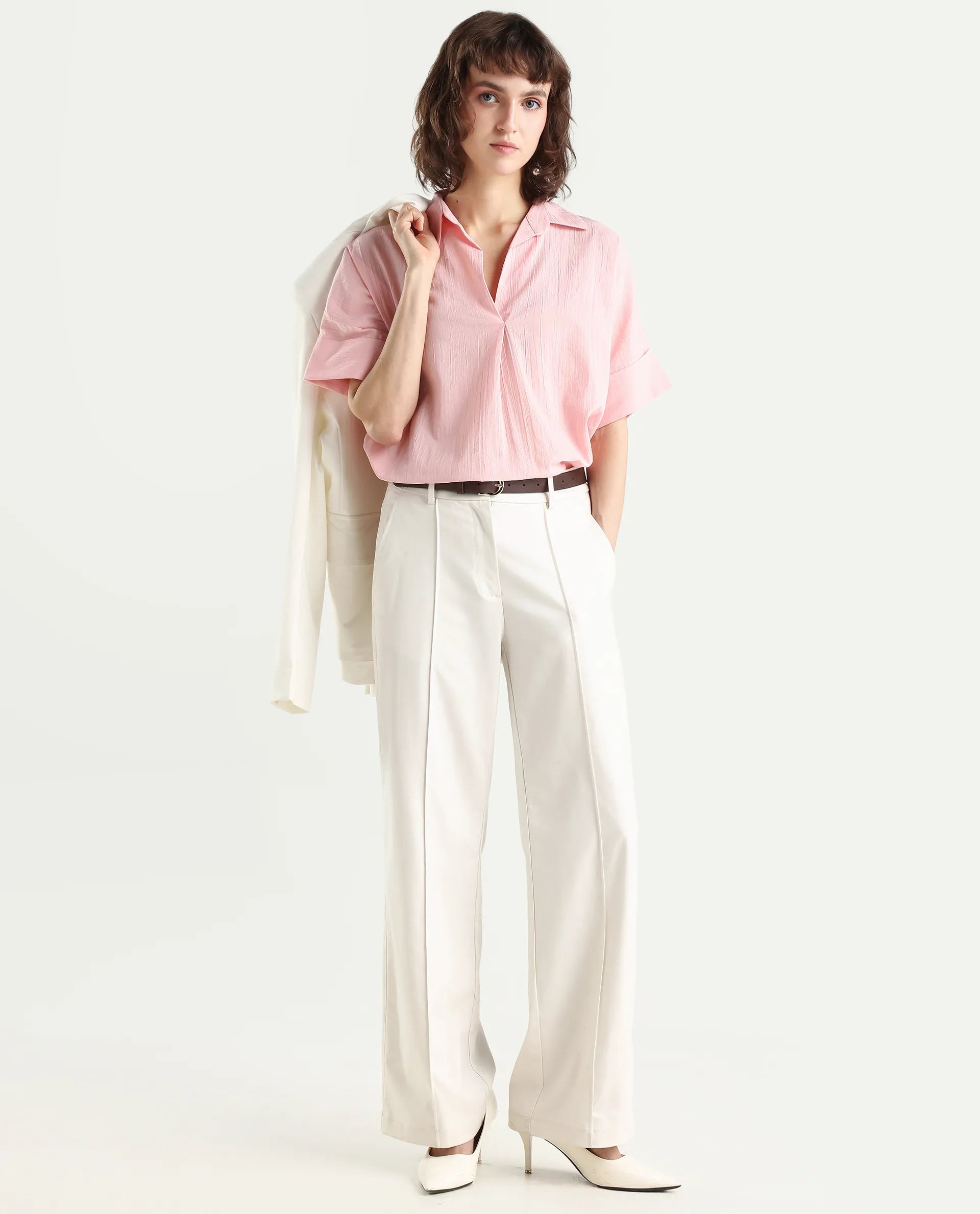 Rareism Women's Azzure Light Pink Cotton Half Sleeve Jonny Collar Boxy Fit plain Top