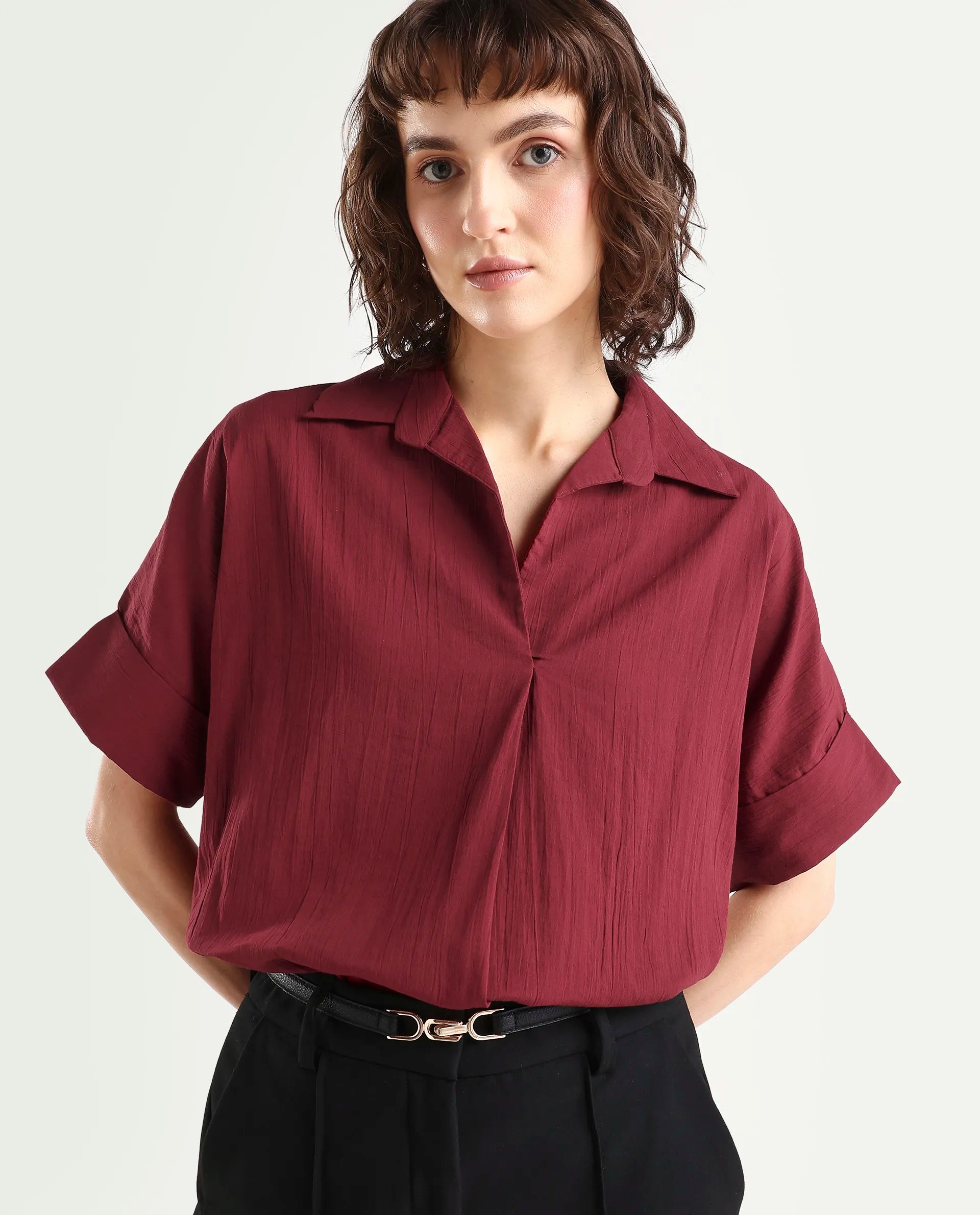 Rareism Women's Azzure Dark Red Cotton Half Sleeve Jonny Collar Boxy Fit plain Top