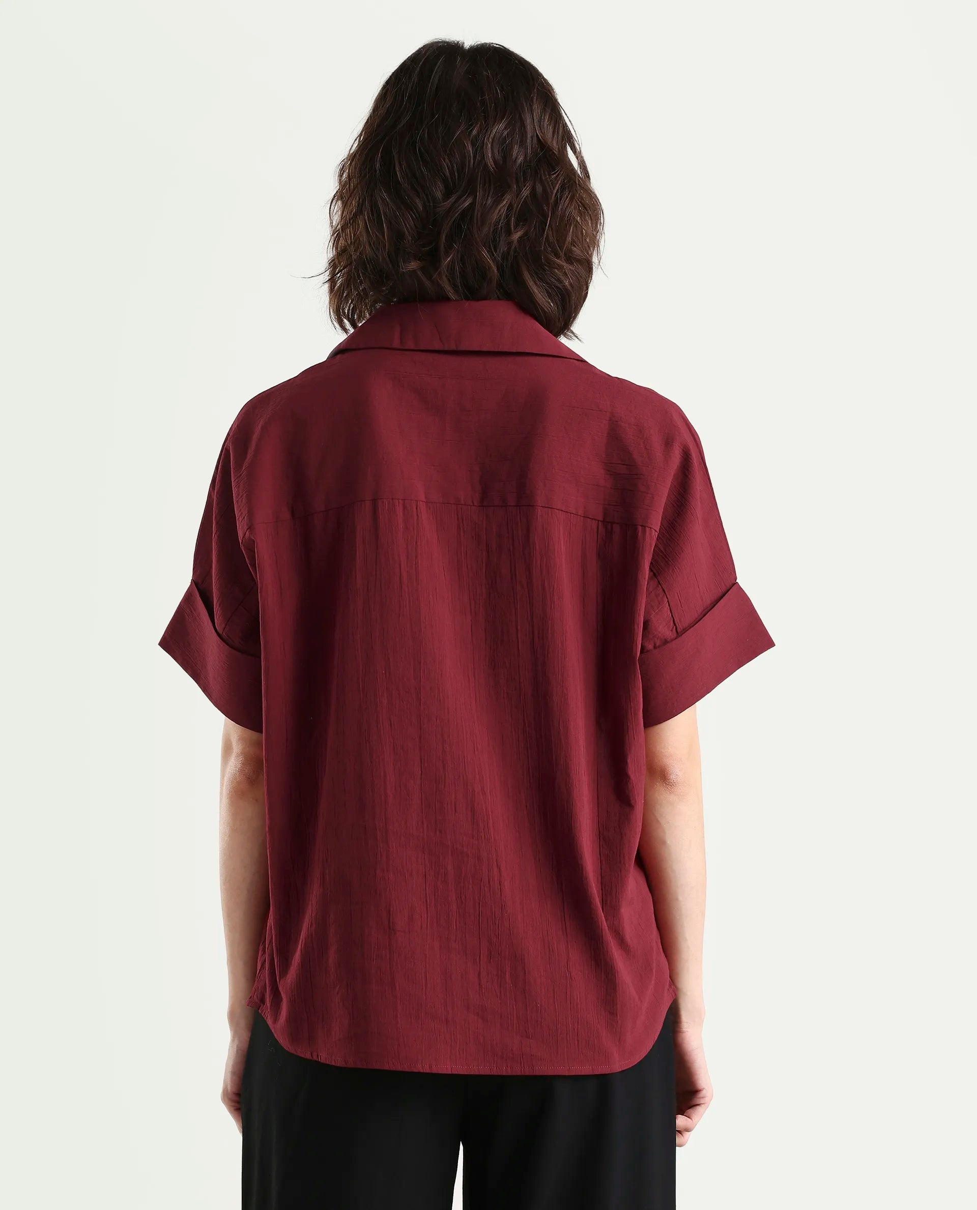 Rareism Women's Azzure Dark Red Cotton Half Sleeve Jonny Collar Boxy Fit plain Top