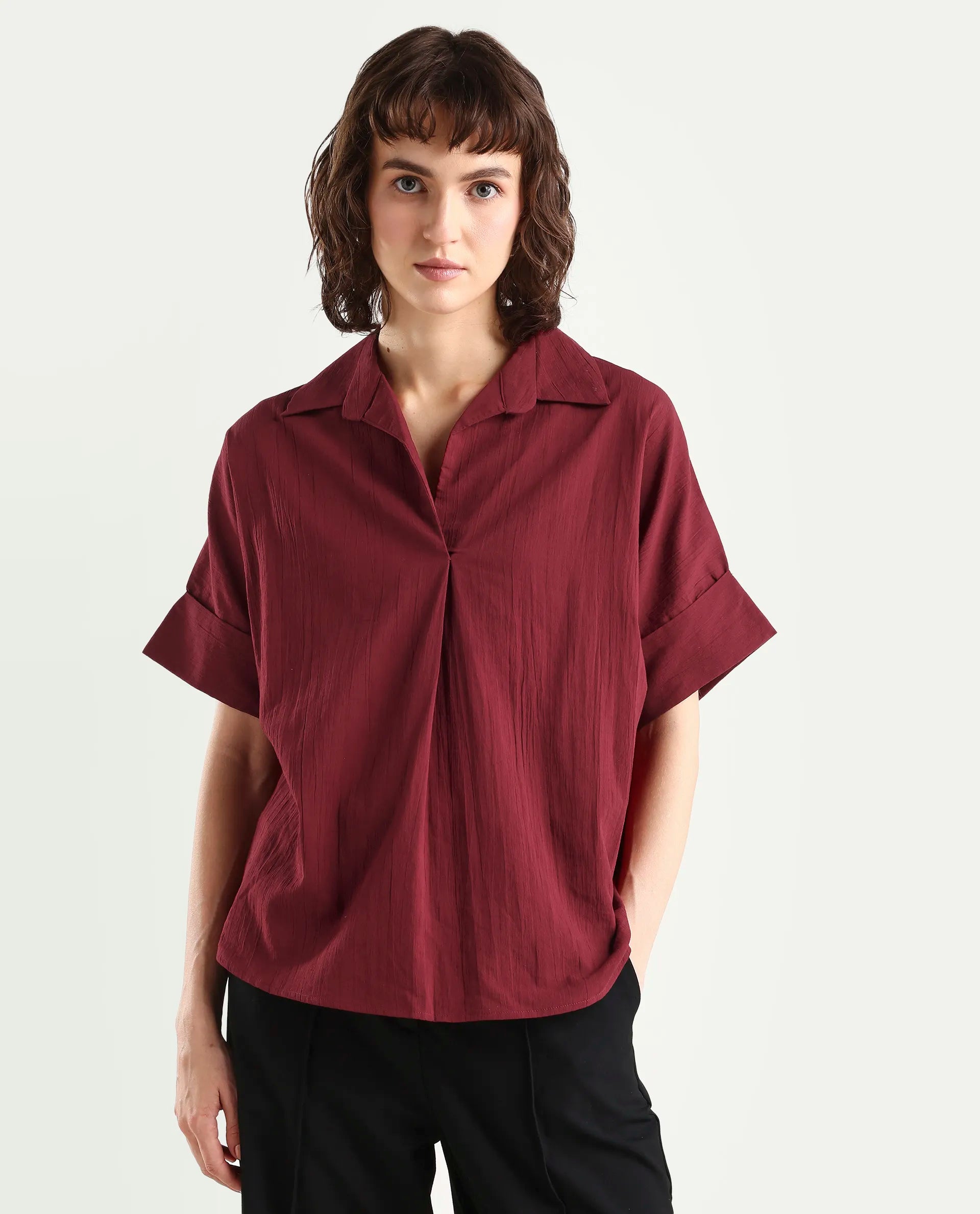 Rareism Women's Azzure Dark Red Cotton Half Sleeve Jonny Collar Boxy Fit plain Top