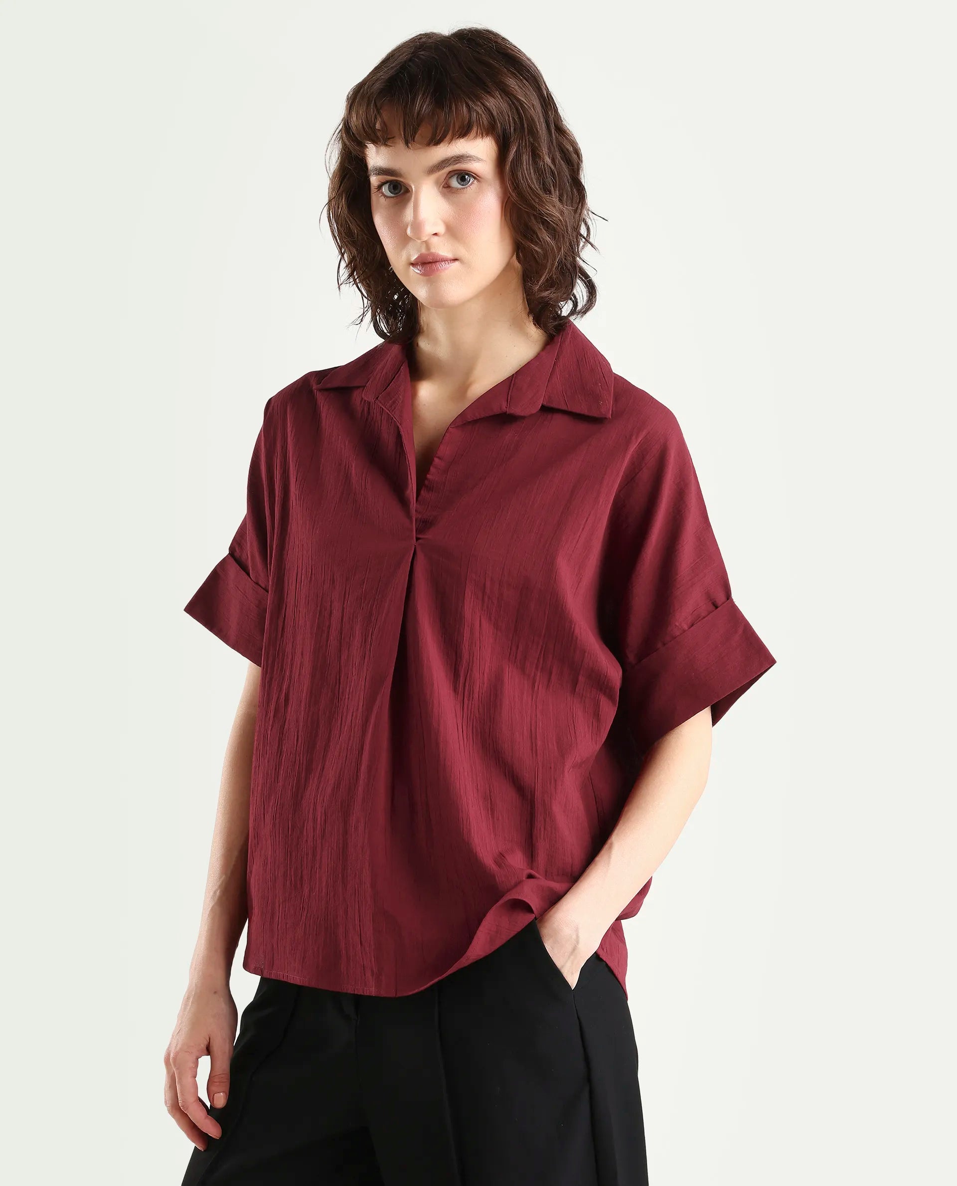 Rareism Women's Azzure Dark Red Cotton Half Sleeve Jonny Collar Boxy Fit plain Top