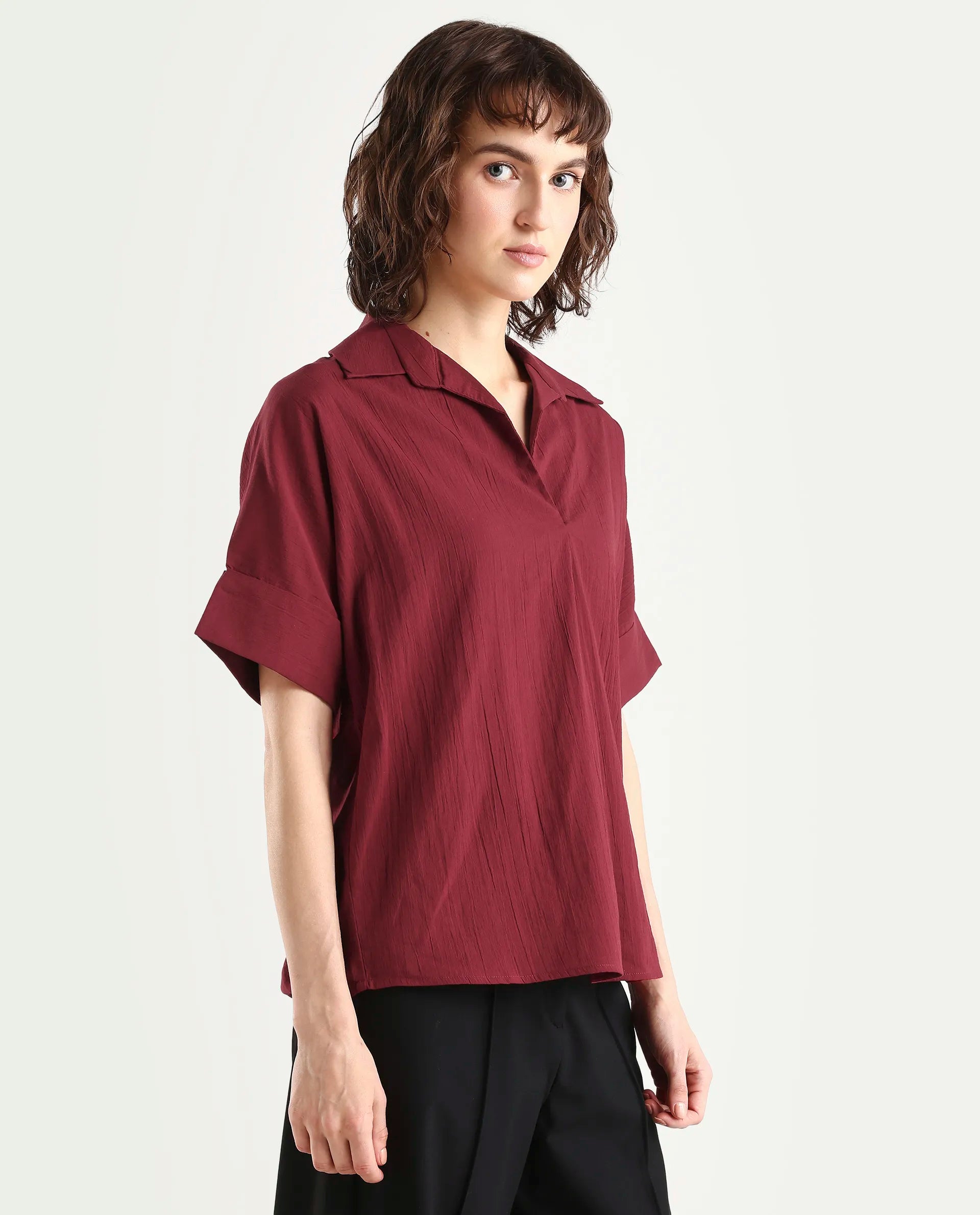 Rareism Women's Azzure Dark Red Cotton Half Sleeve Jonny Collar Boxy Fit plain Top