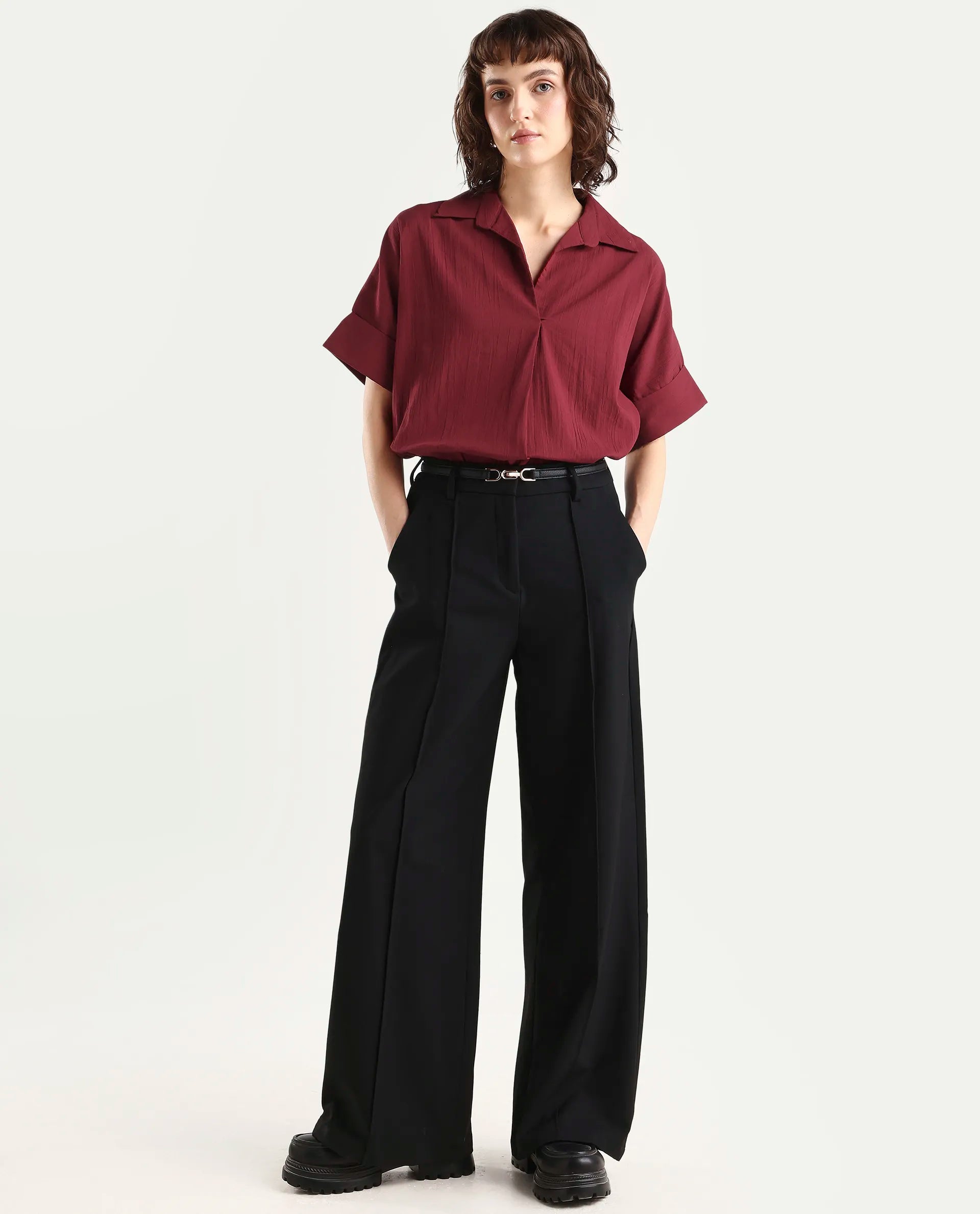 Rareism Women's Azzure Dark Red Cotton Half Sleeve Jonny Collar Boxy Fit plain Top