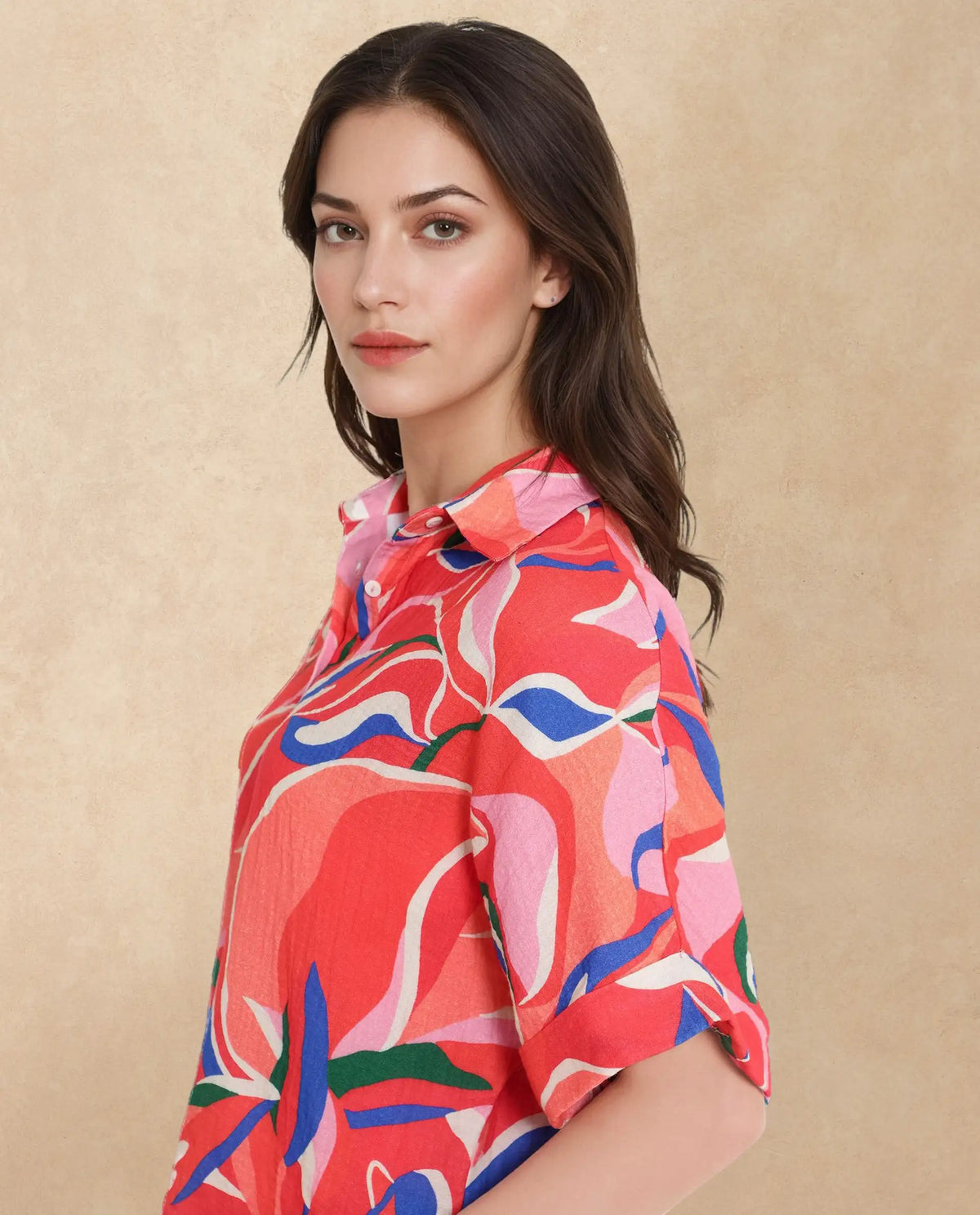 Rareism Women Babuto-T-SC Multi Short Sleeve Tie-Up Neck Button Closure Abstract Print Shirt