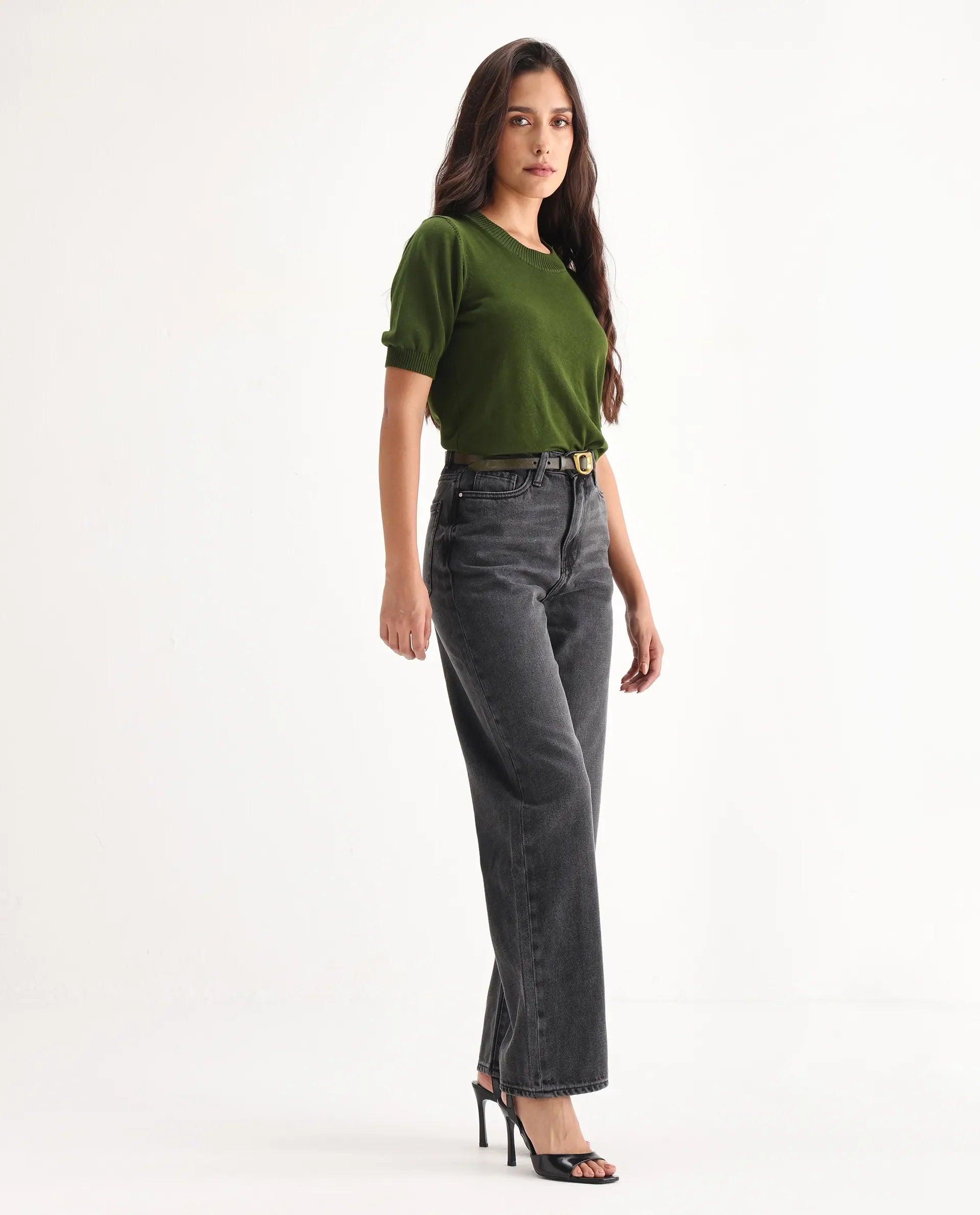 Rareism Women's Baeu Grey Cotton Blend Plain Ankle Length Straight Fit Jeans