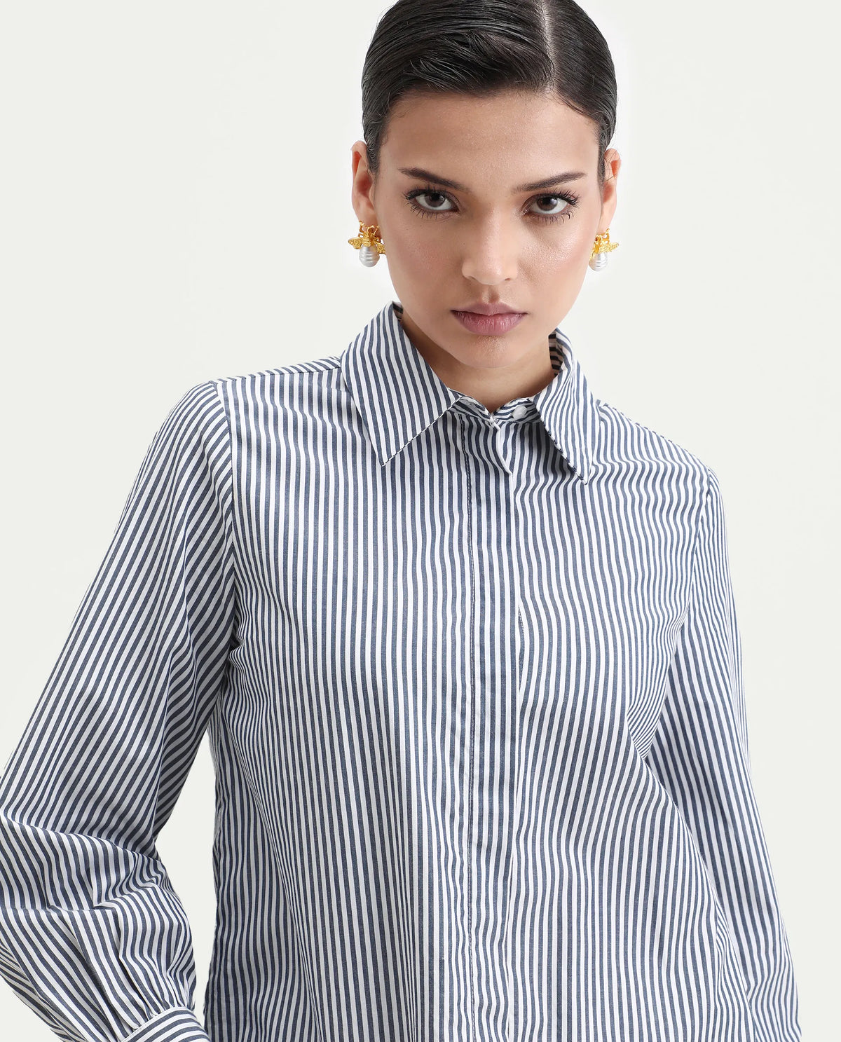 Rareism Women's Bajoc Navy Cotton Collared Neck Regular Fit Shirt