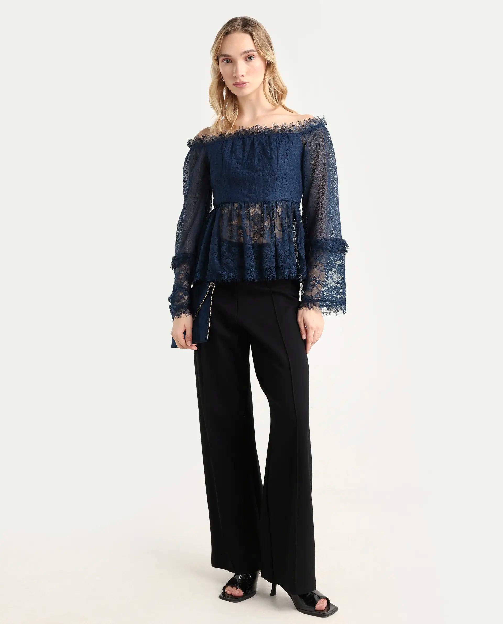 Rareism Women's Balikesar Blue Polyester Off Shoulder Plain Flared Sleeve Flared Top
