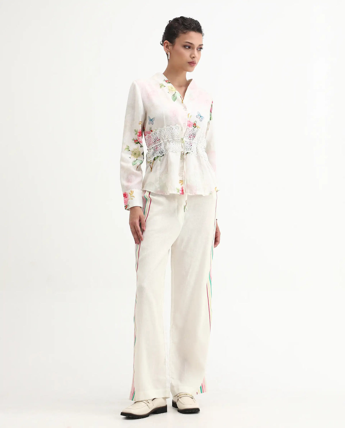 Rareism Women's Banche-B Off White Linen Blend Floral Print Ankle Length Straight Fit Trouser