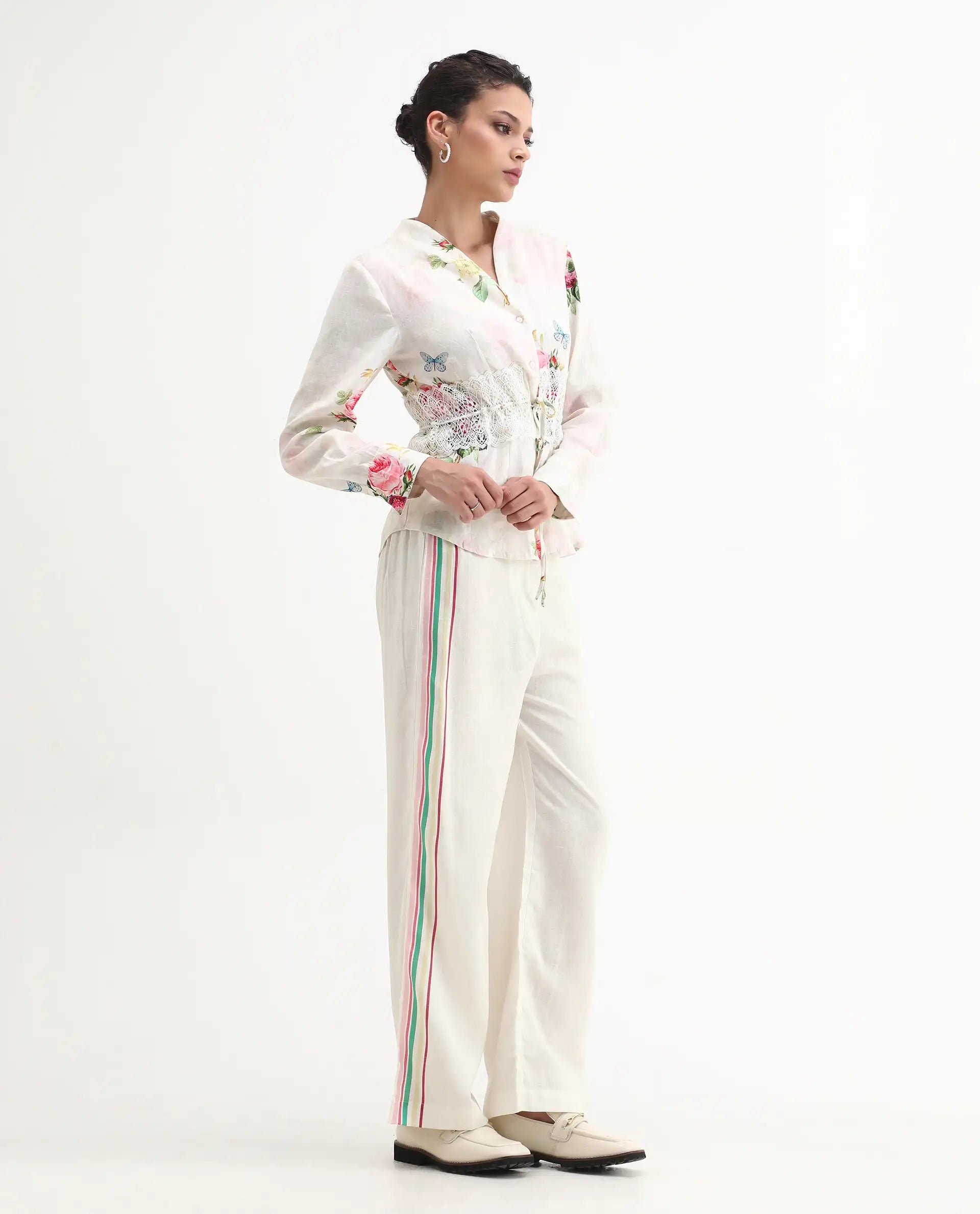 Rareism Women's Banche-B Off White Linen Blend Floral Print Ankle Length Straight Fit Trouser