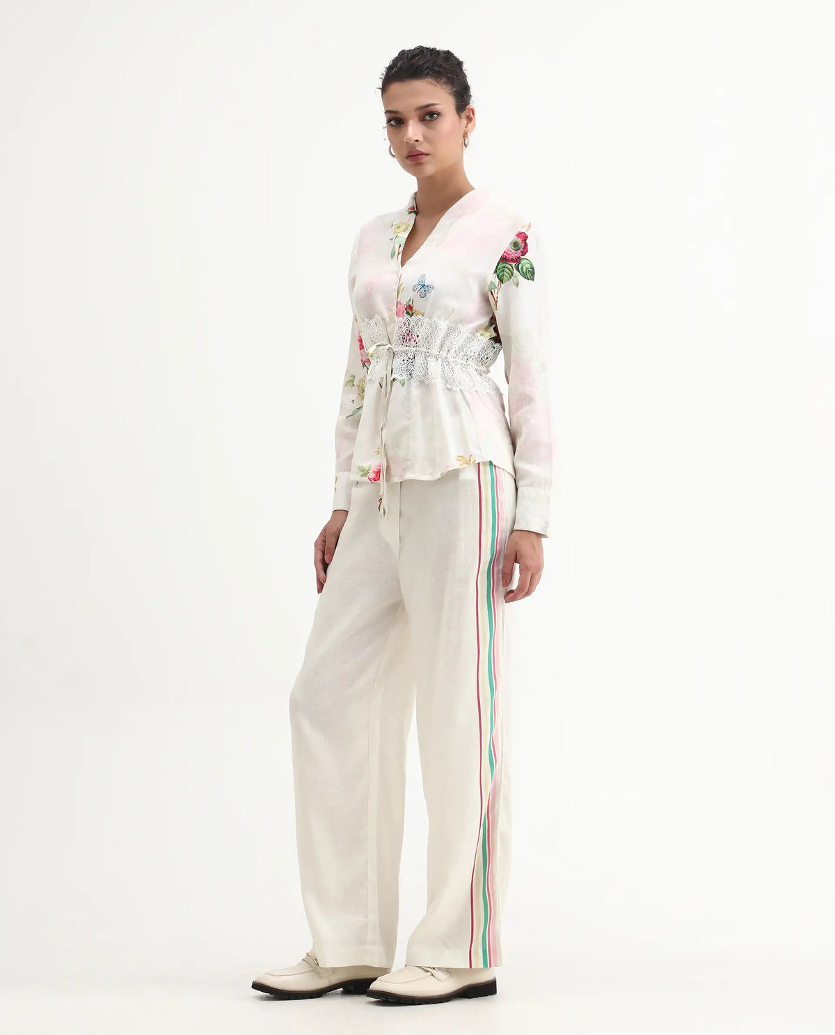 Rareism Women's Banche-B Off White Linen Blend Floral Print Ankle Length Straight Fit Trouser