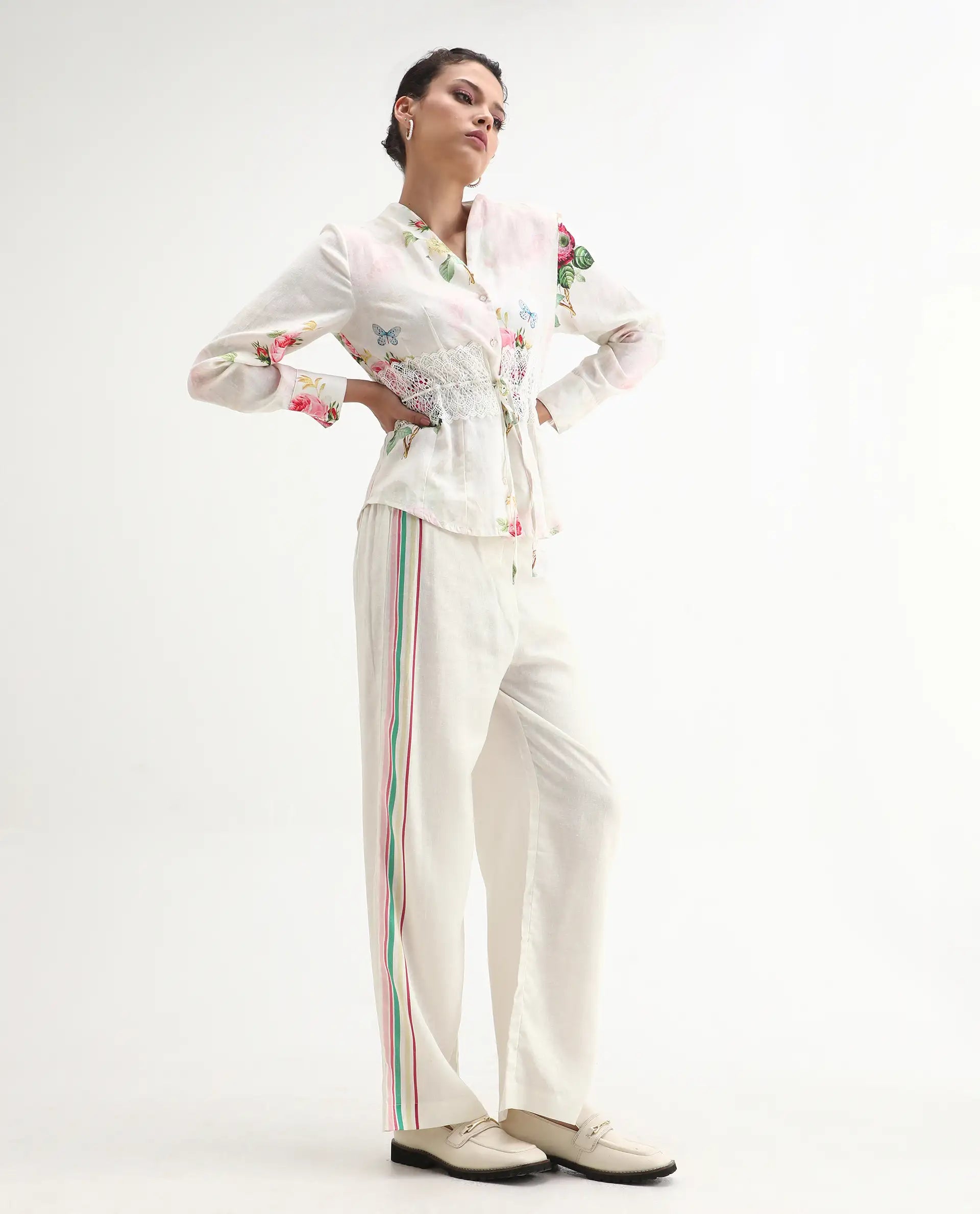 Rareism Women's Banche-B Off White Linen Blend Floral Print Ankle Length Straight Fit Trouser