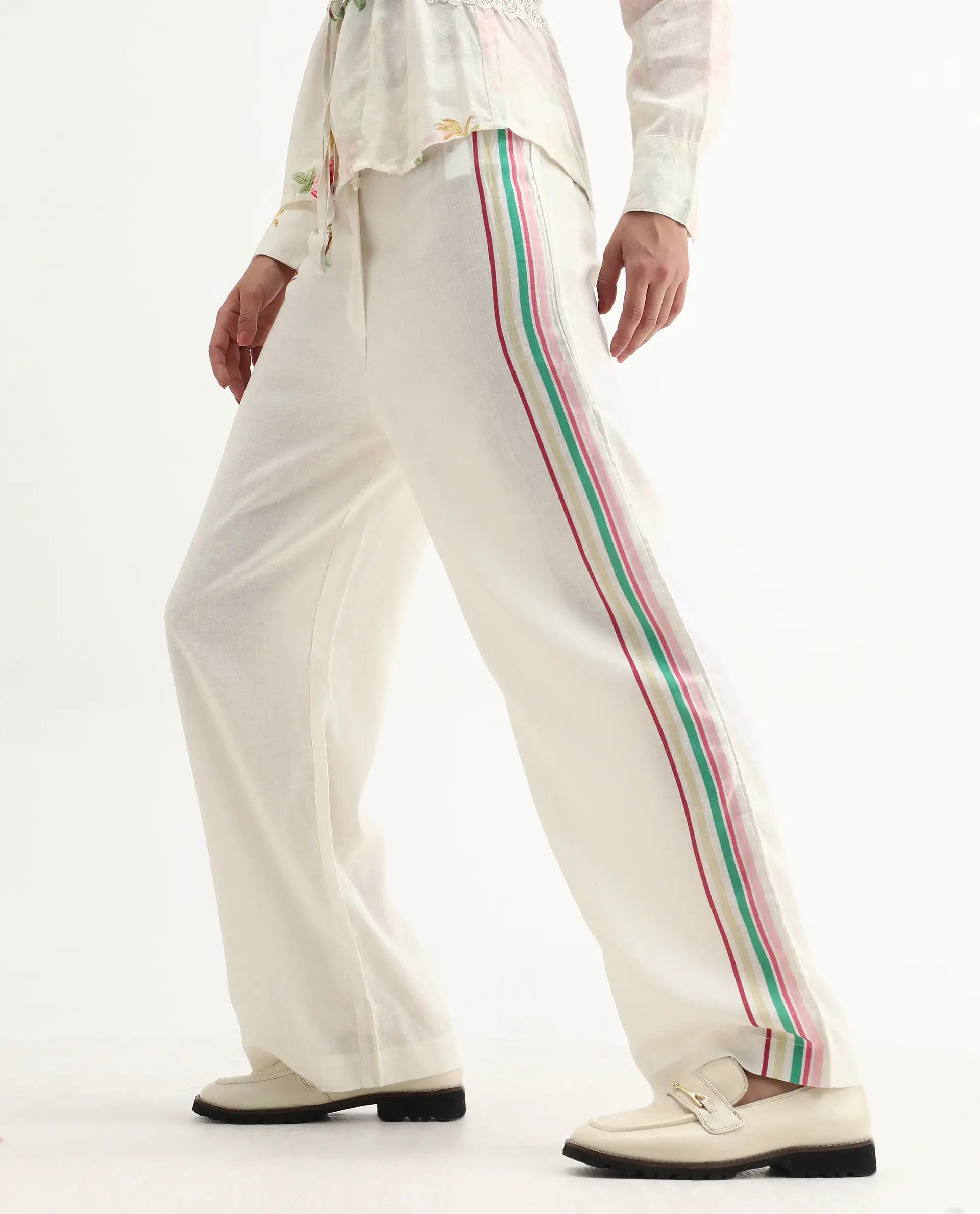 Rareism Women's Banche-B Off White Linen Blend Floral Print Ankle Length Straight Fit Trouser