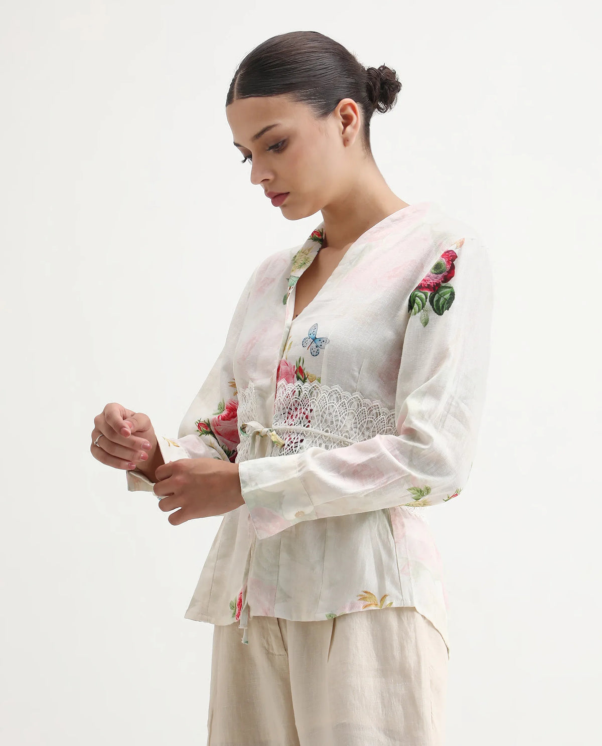Rareism Women's Banche-T Off White Cotton Blend V-Neck Floral Print Cuffed Sleeve Regular Fit Top