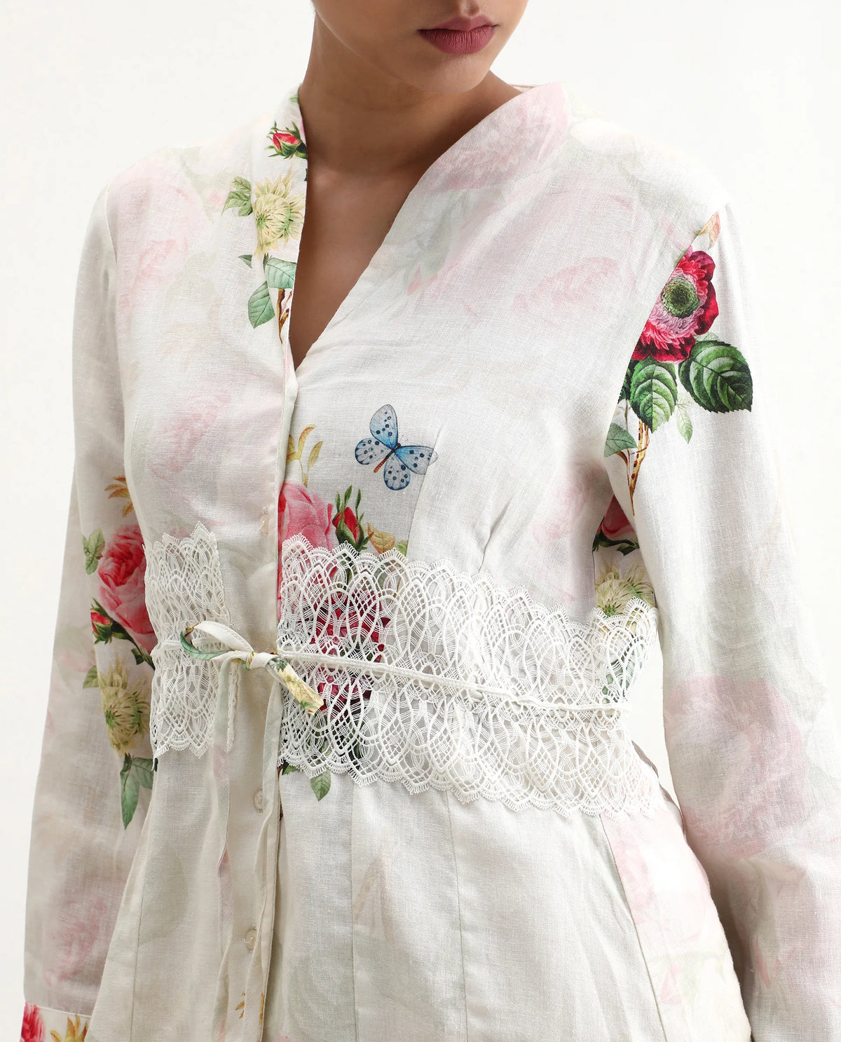 Rareism Women's Banche-T Off White Cotton Blend V-Neck Floral Print Cuffed Sleeve Regular Fit Top