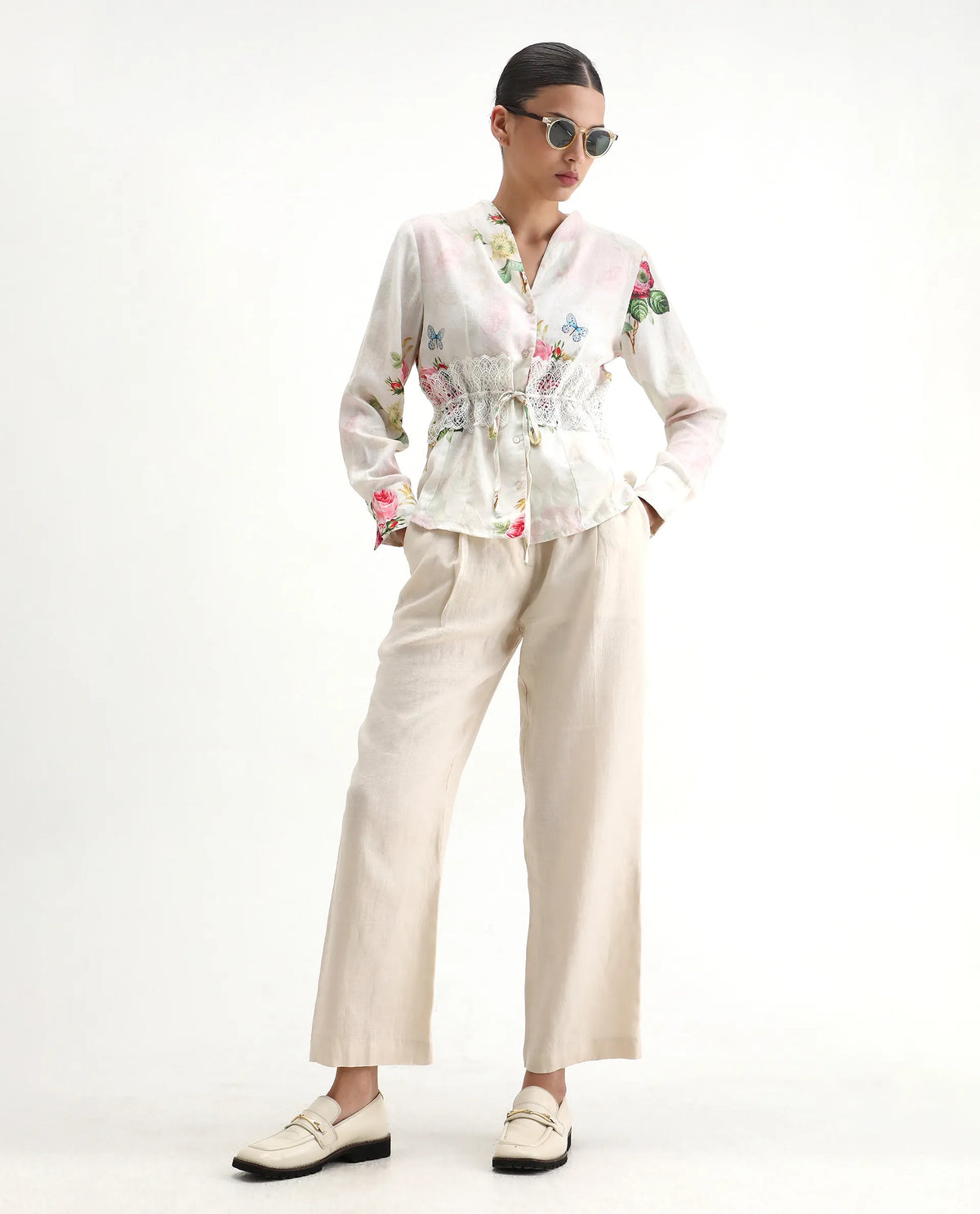 Rareism Women's Banche-T Off White Cotton Blend V-Neck Floral Print Cuffed Sleeve Regular Fit Top