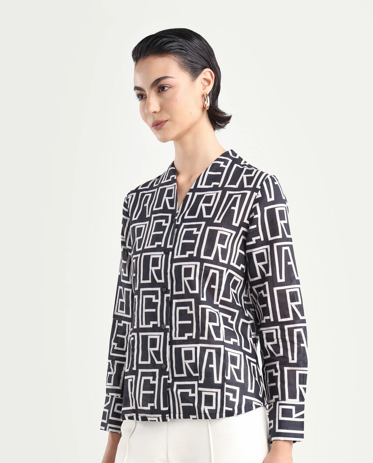 Rareism Women's Bancheo Black Cotton Blend V-Neck Monogram Print Cuffed Sleeve Regular Fit Shirt