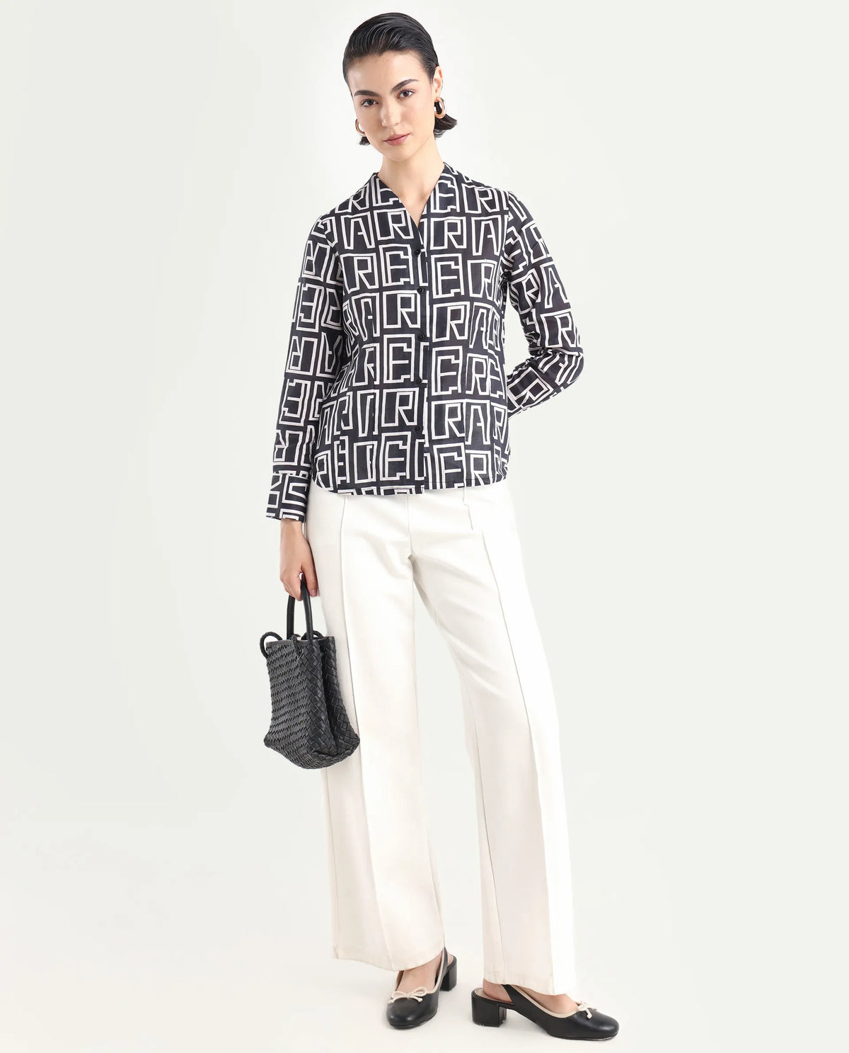 Rareism Women's Bancheo Black Cotton Blend V-Neck Monogram Print Cuffed Sleeve Regular Fit Shirt