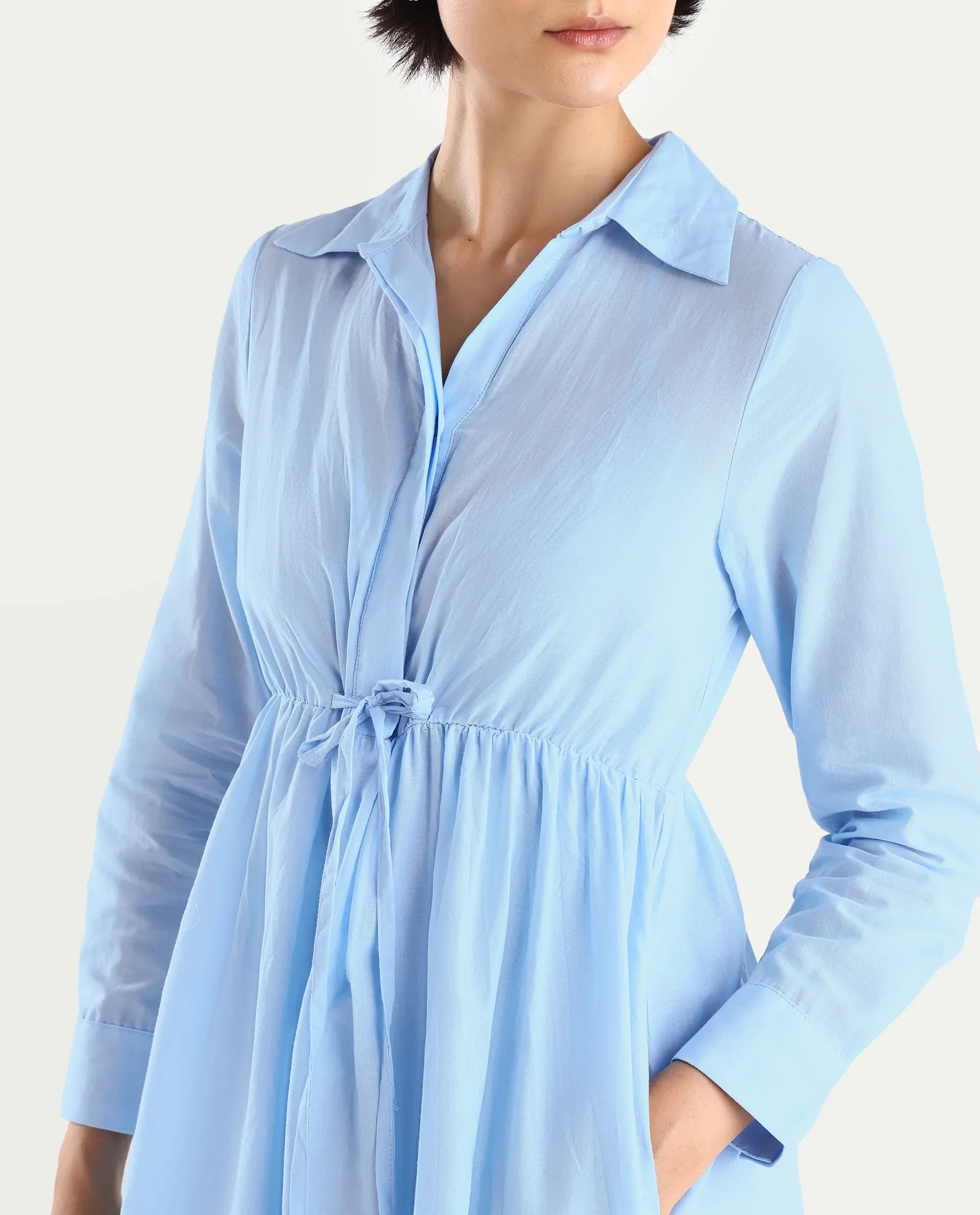 Rareism Women's Bandalina Blue Cotton Drop Collar Plain Cuffed Sleeve Midi Fit And Flare Dress