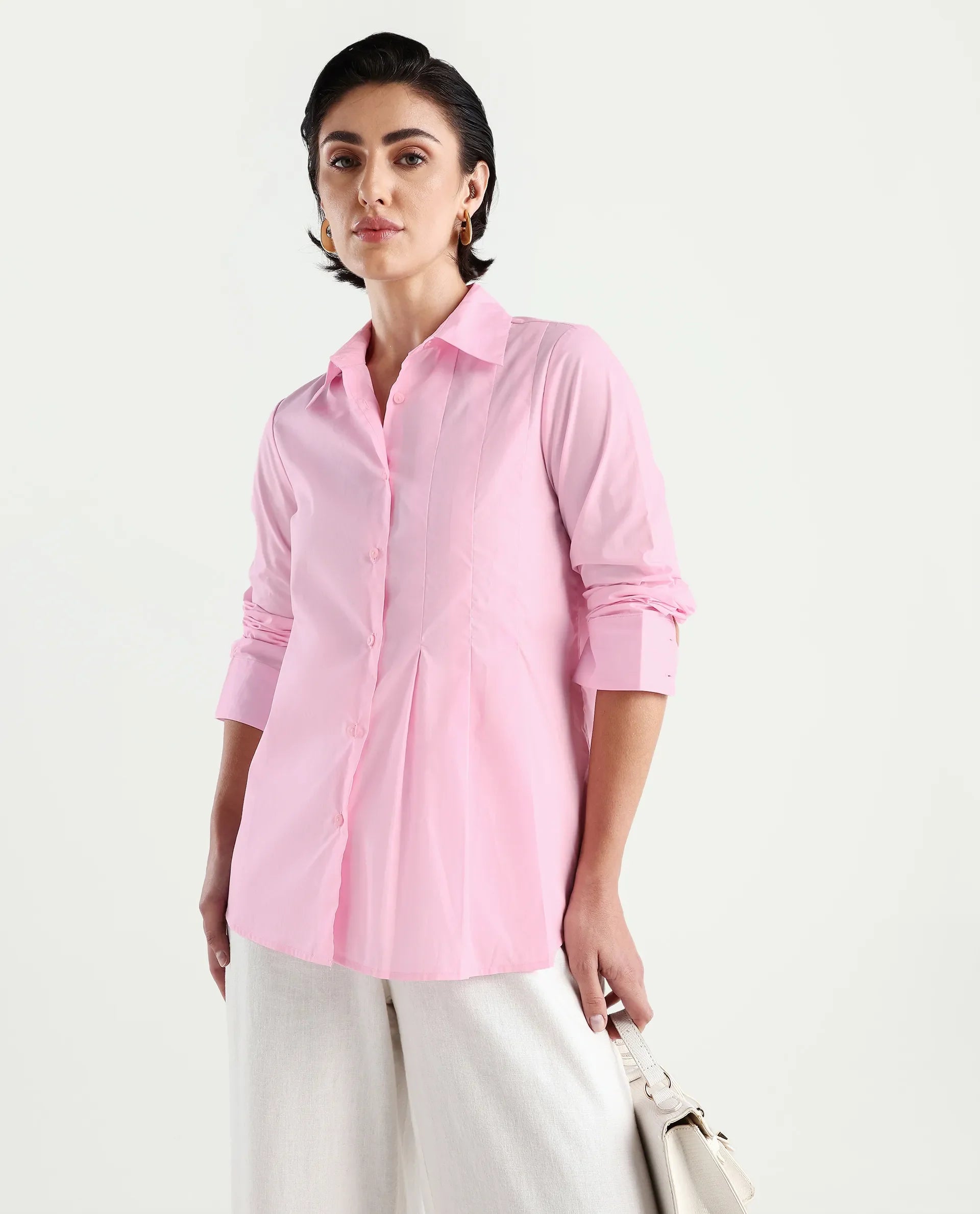 Rareism Women's Baroc Pink Cotton Collared Neck Regular Fit Shirt