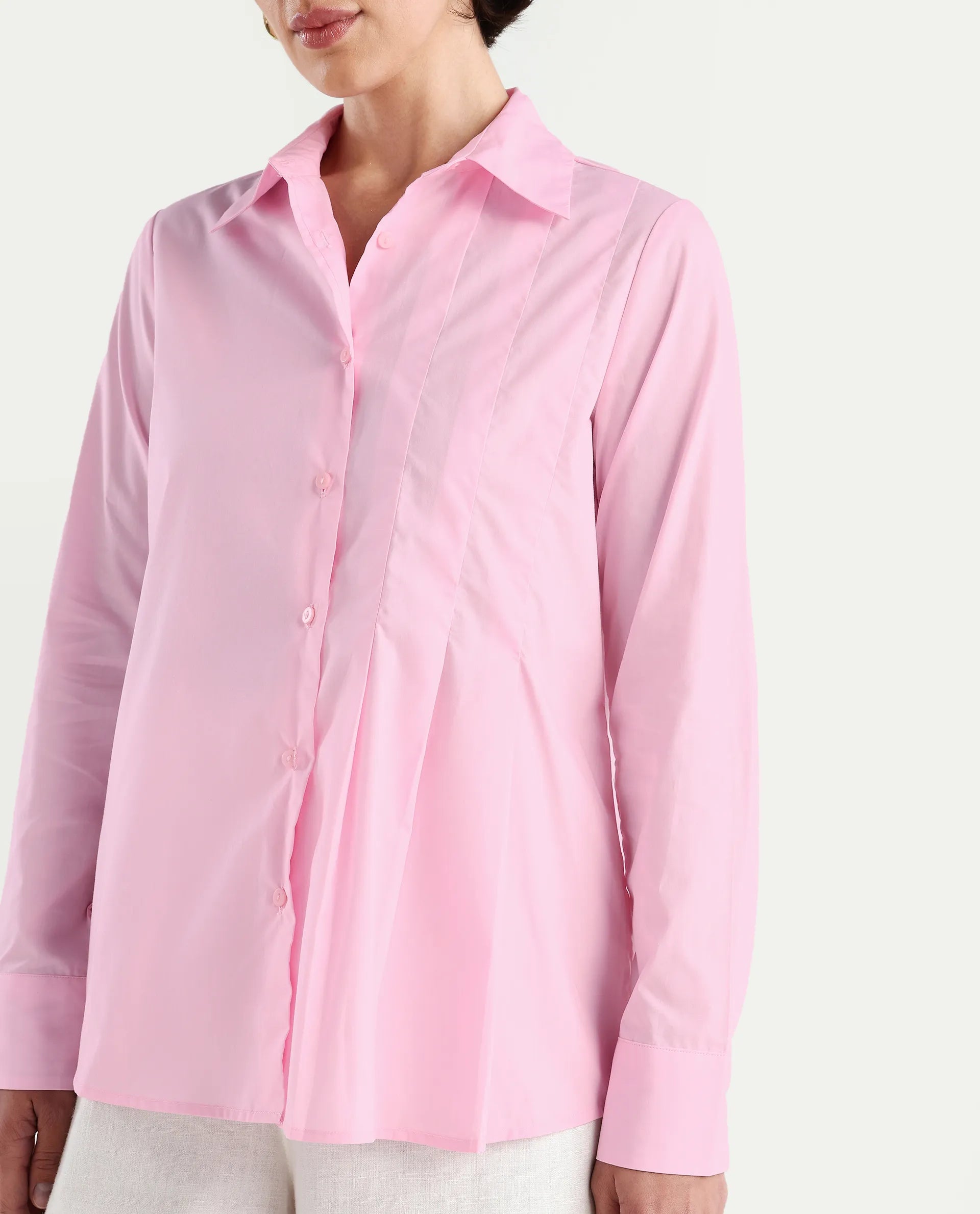 Rareism Women's Baroc Pink Cotton Collared Neck Regular Fit Shirt