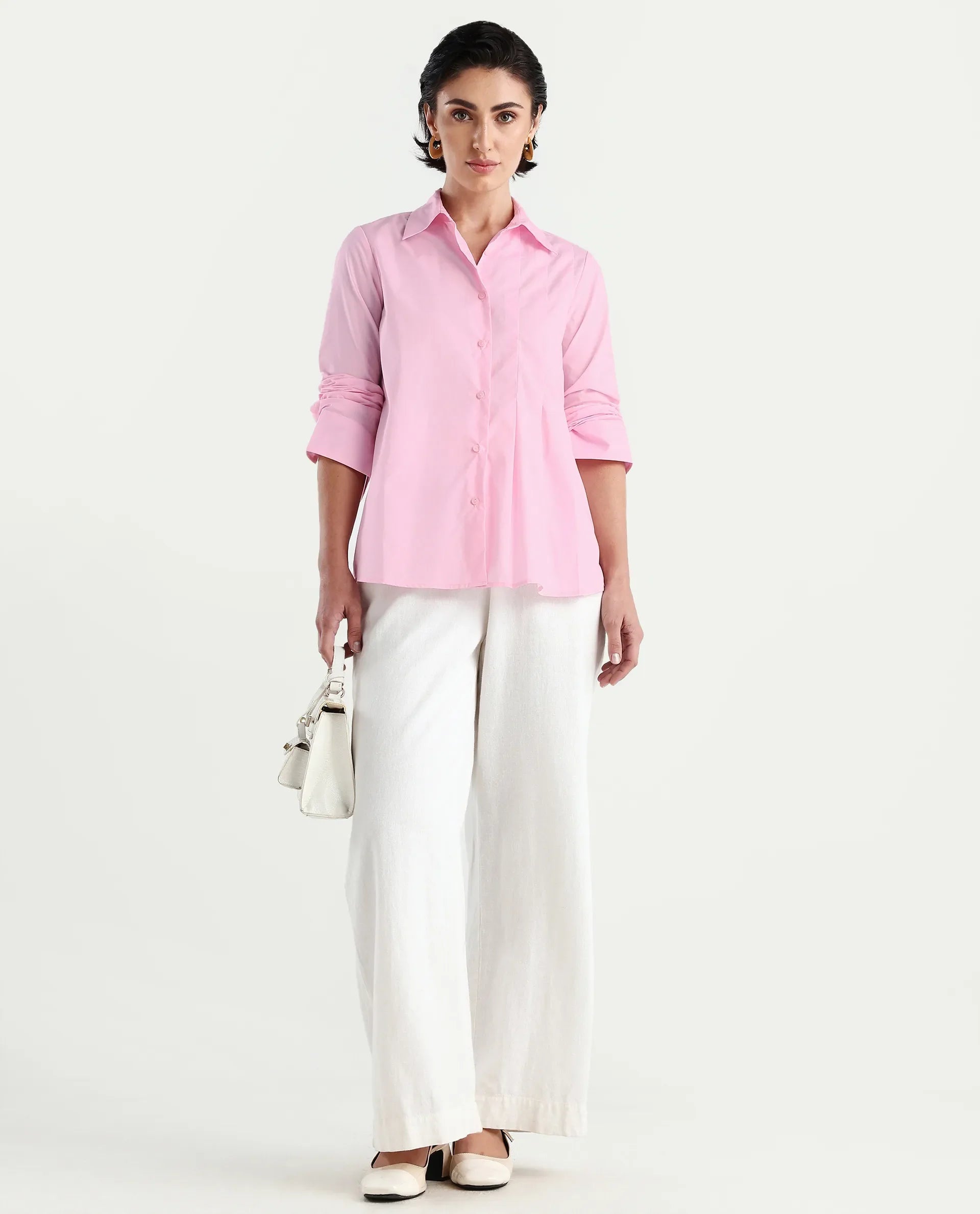 Rareism Women's Baroc Pink Cotton Collared Neck Regular Fit Shirt