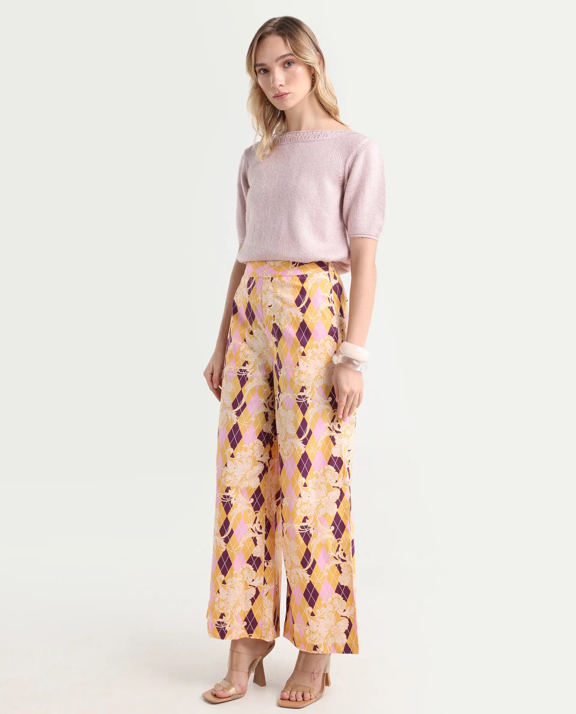 Rareism Women's Bari Light Multi Cotton Geometric Print Ankle Length Wide Trouser