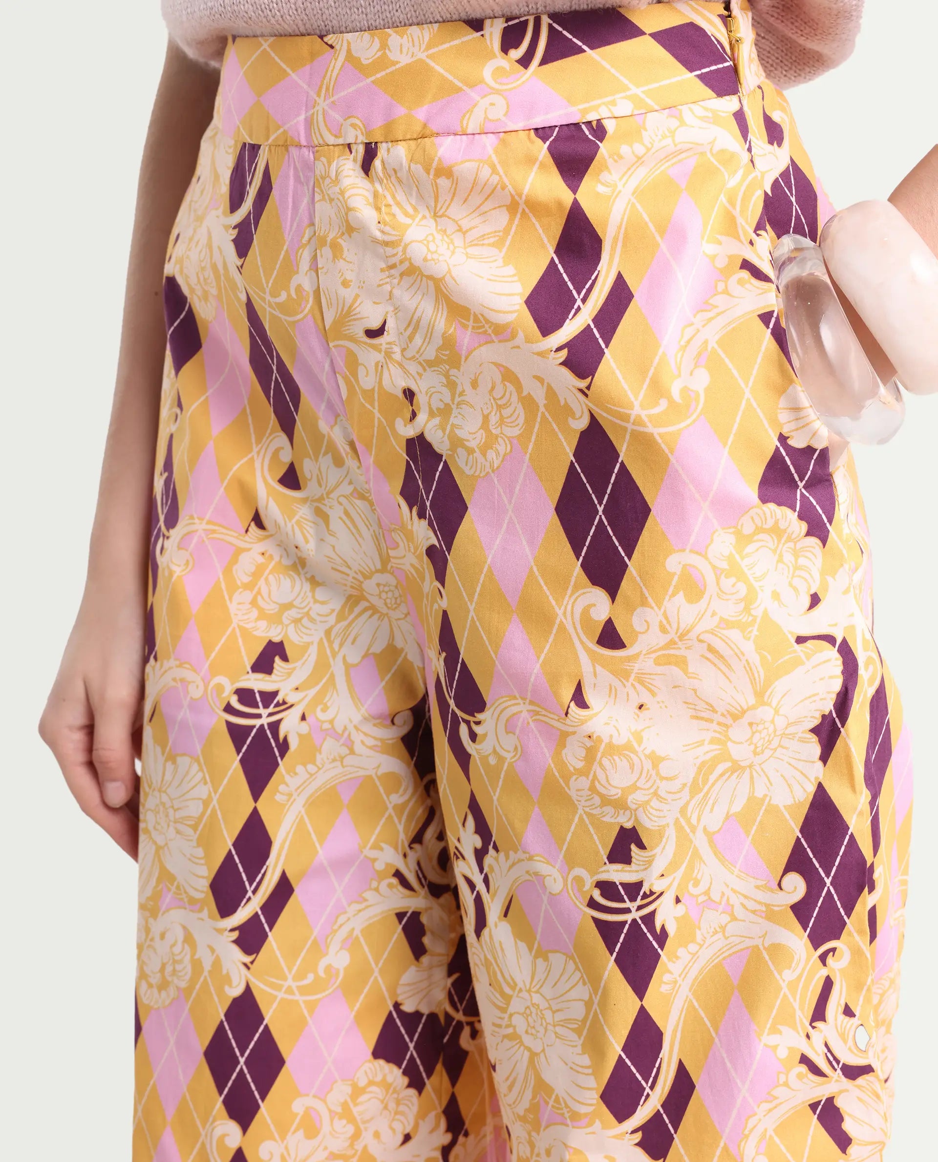 Rareism Women's Bari Light Multi Cotton Geometric Print Ankle Length Wide Trouser