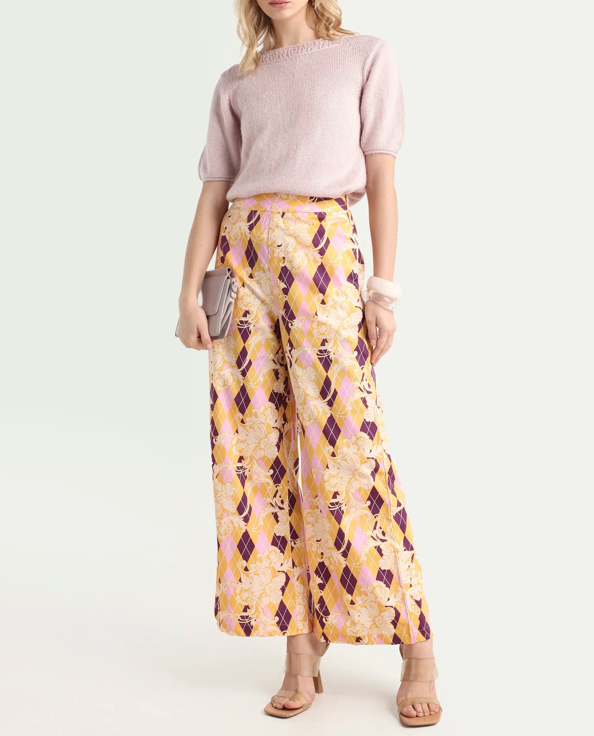 Rareism Women's Bari Light Multi Cotton Geometric Print Ankle Length Wide Trouser