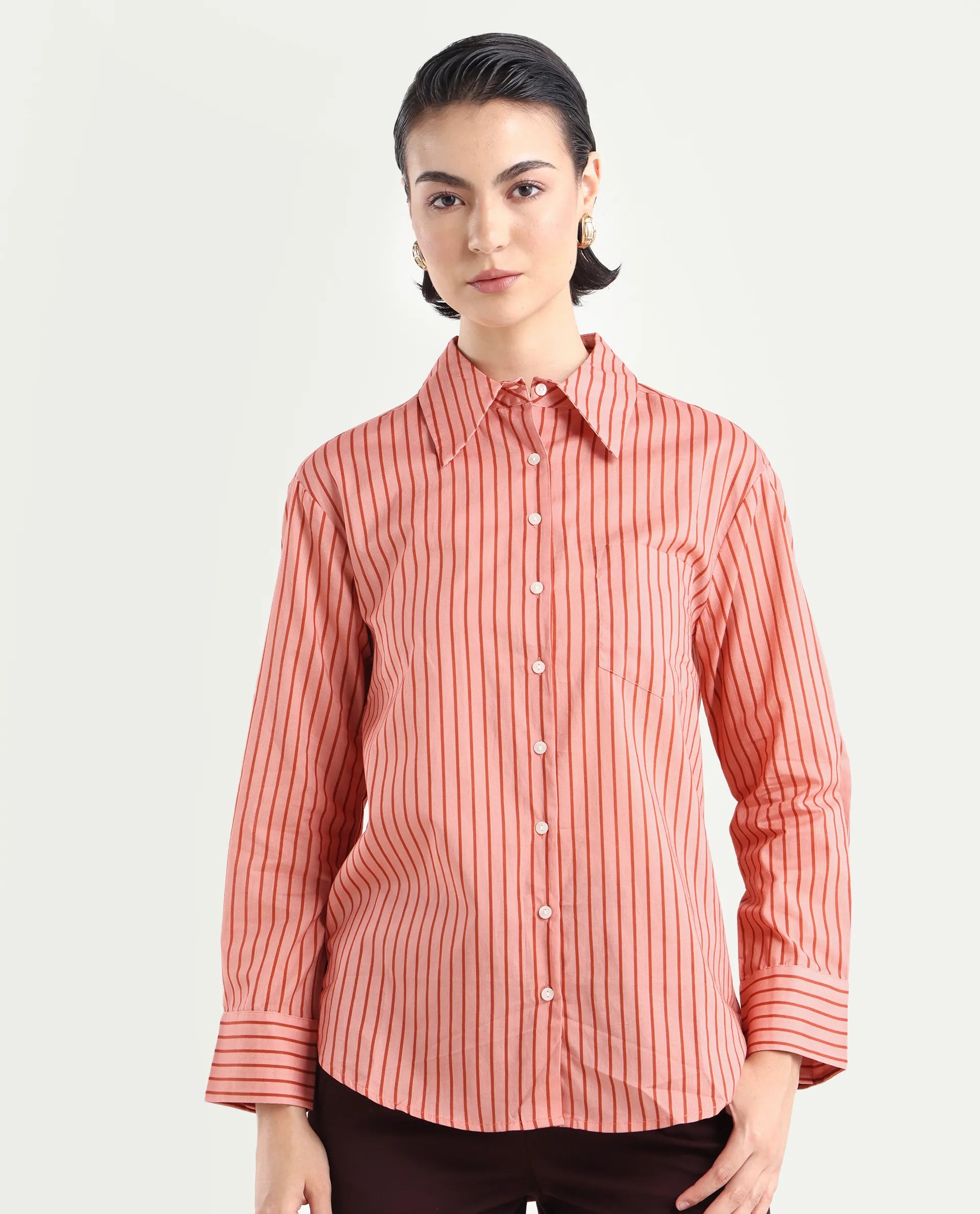 Rareism Women's Barletta Pastel Pink Cotton Drop Collar Striped Cuffed Sleeve Regular Fit Shirt