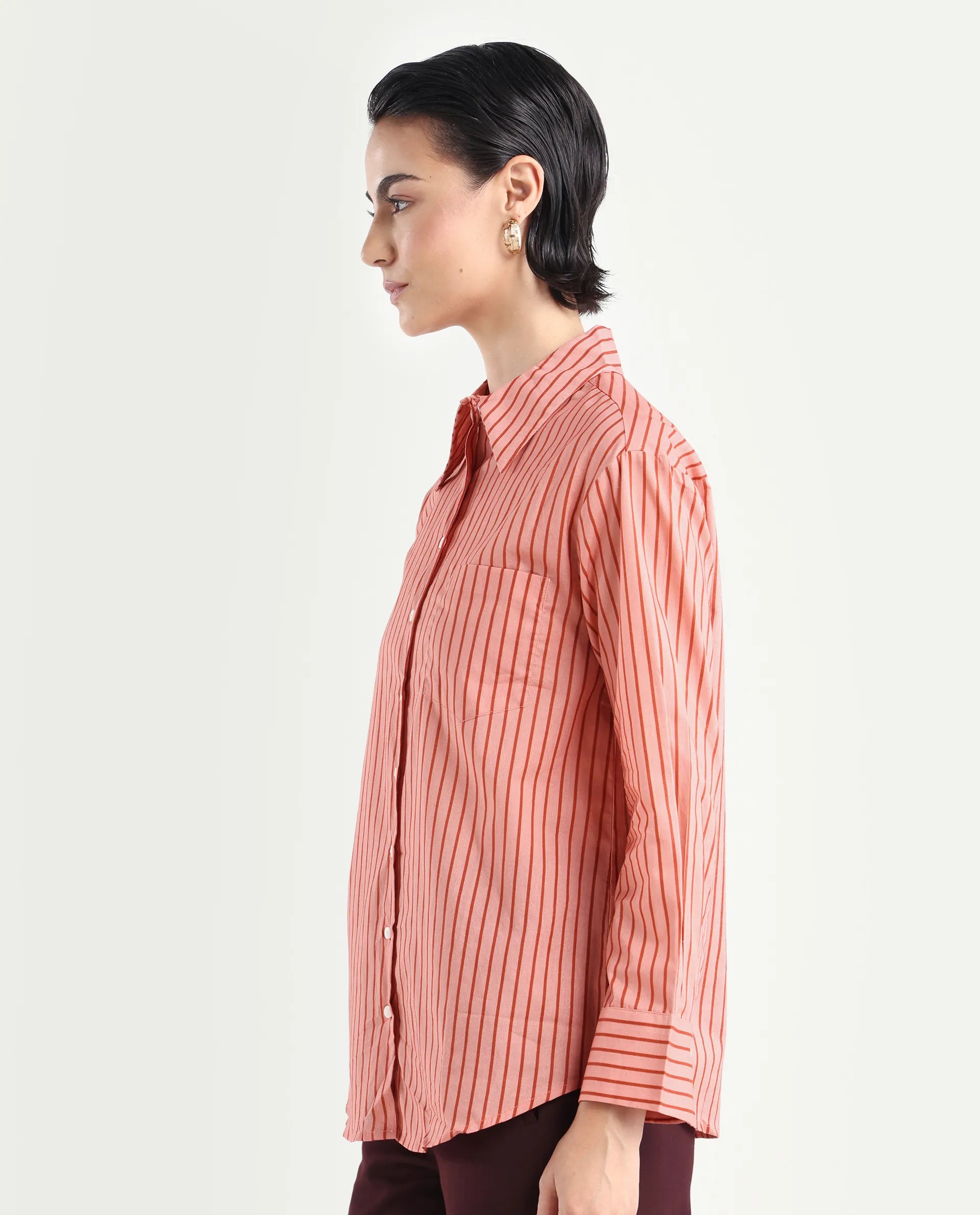 Rareism Women's Barletta Pastel Pink Cotton Drop Collar Striped Cuffed Sleeve Regular Fit Shirt